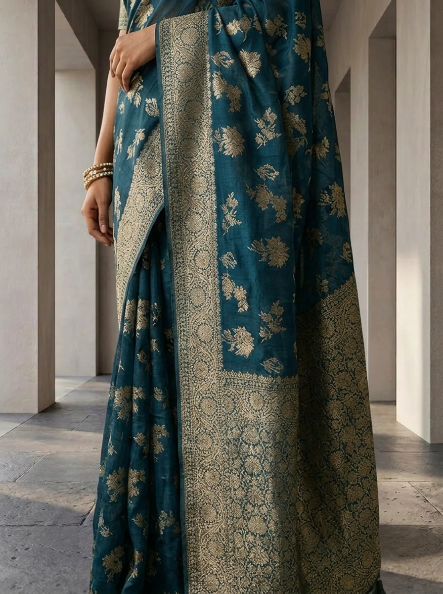 Peacock Banaras Weaved Saree With Floral Design - Image 4