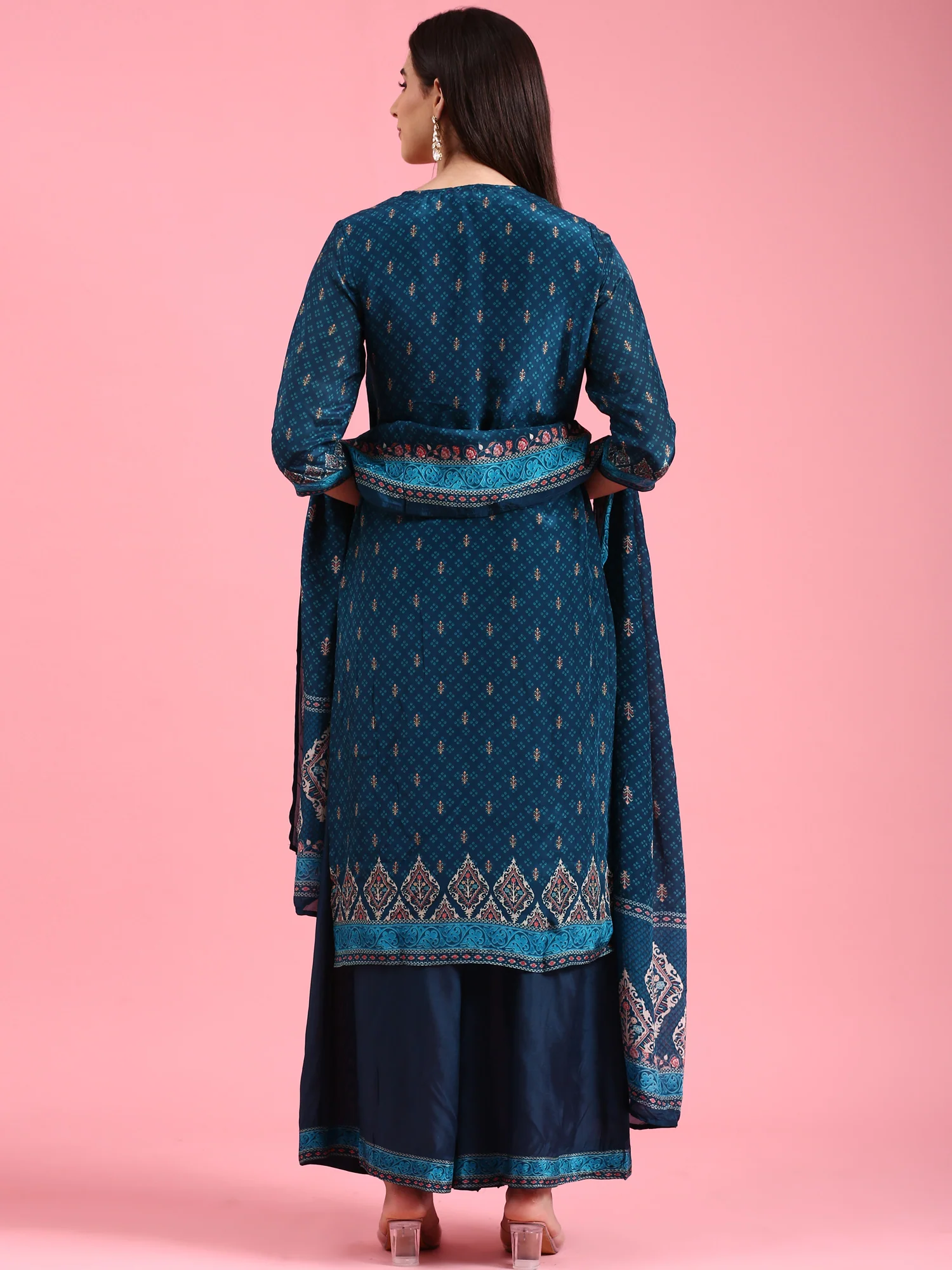 Peacock Blue Crepe Printed Three Piece Suit Set - Image 3