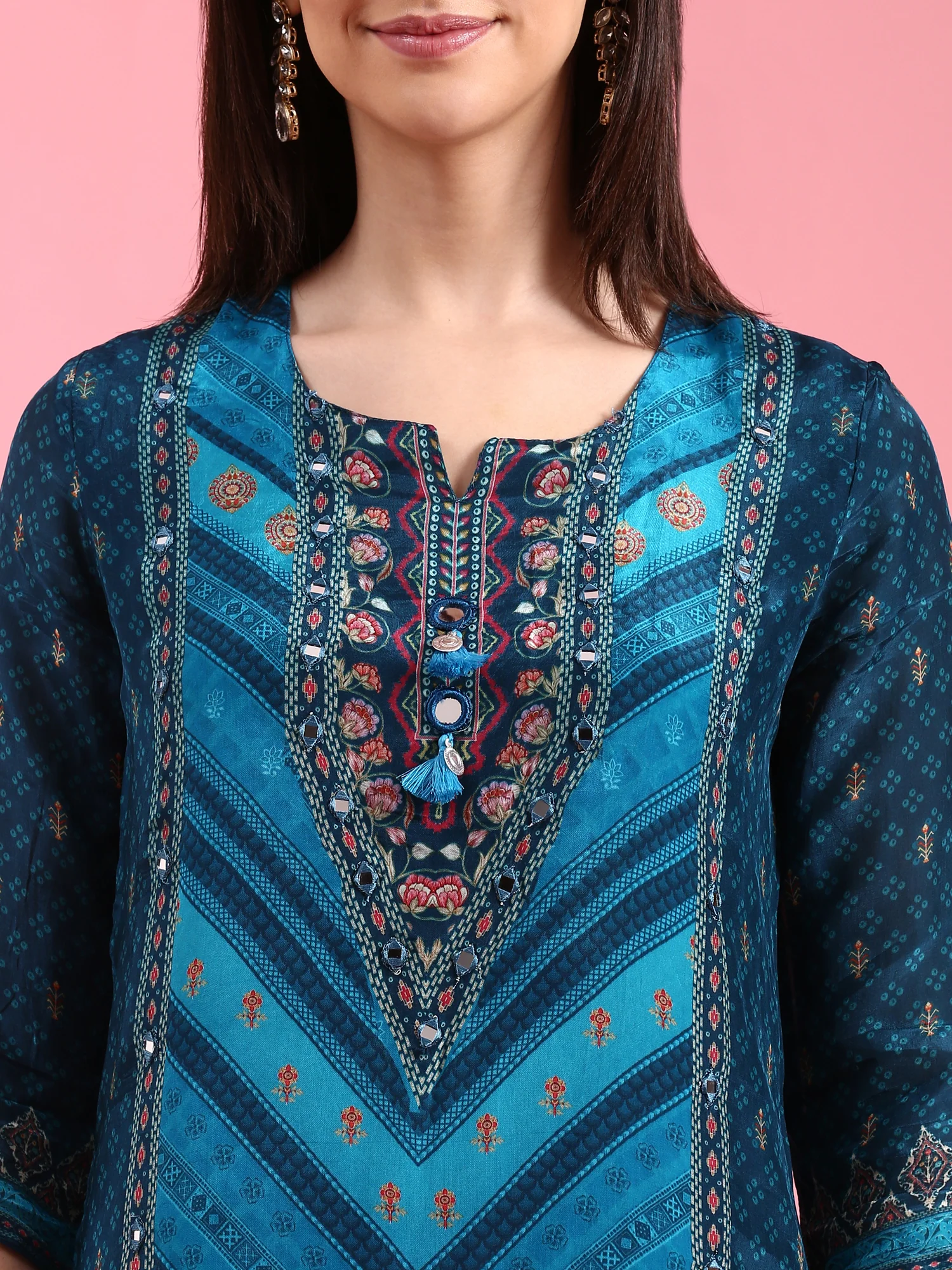 Peacock Blue Crepe Printed Three Piece Suit Set - Image 4
