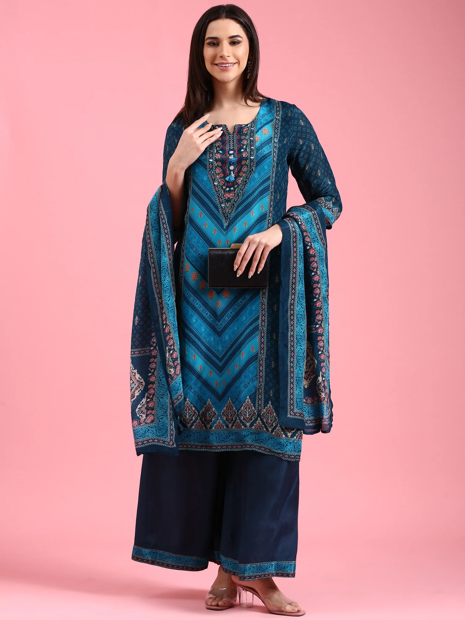 Peacock Blue Crepe Printed Three Piece Suit Set - Image 5