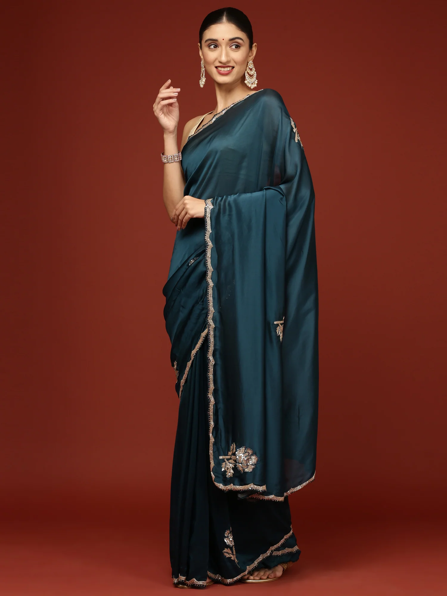 Peacock Crepe Hand Embroidery Saree - Image 2