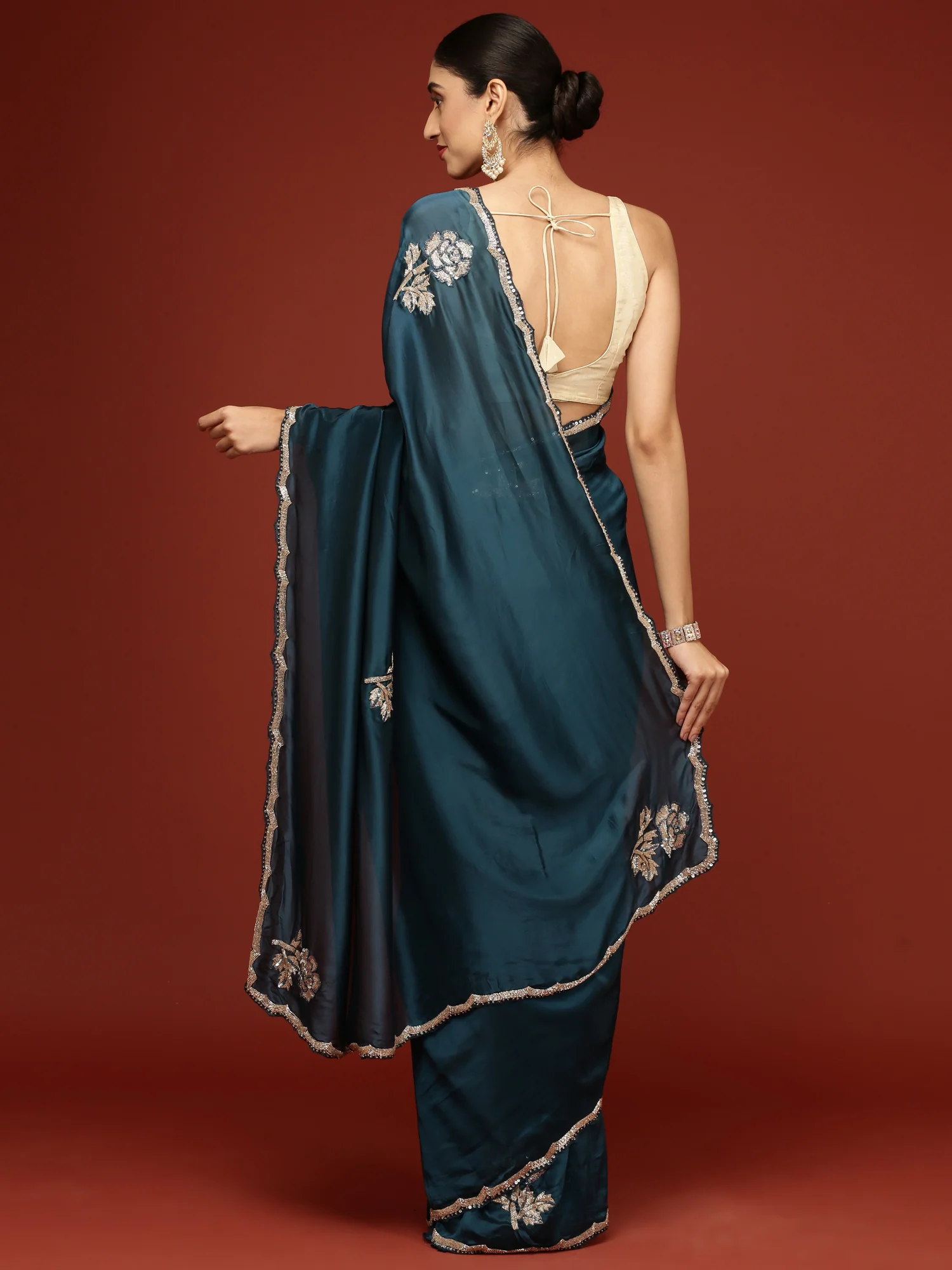 Peacock Crepe Hand Embroidery Saree - Image 3
