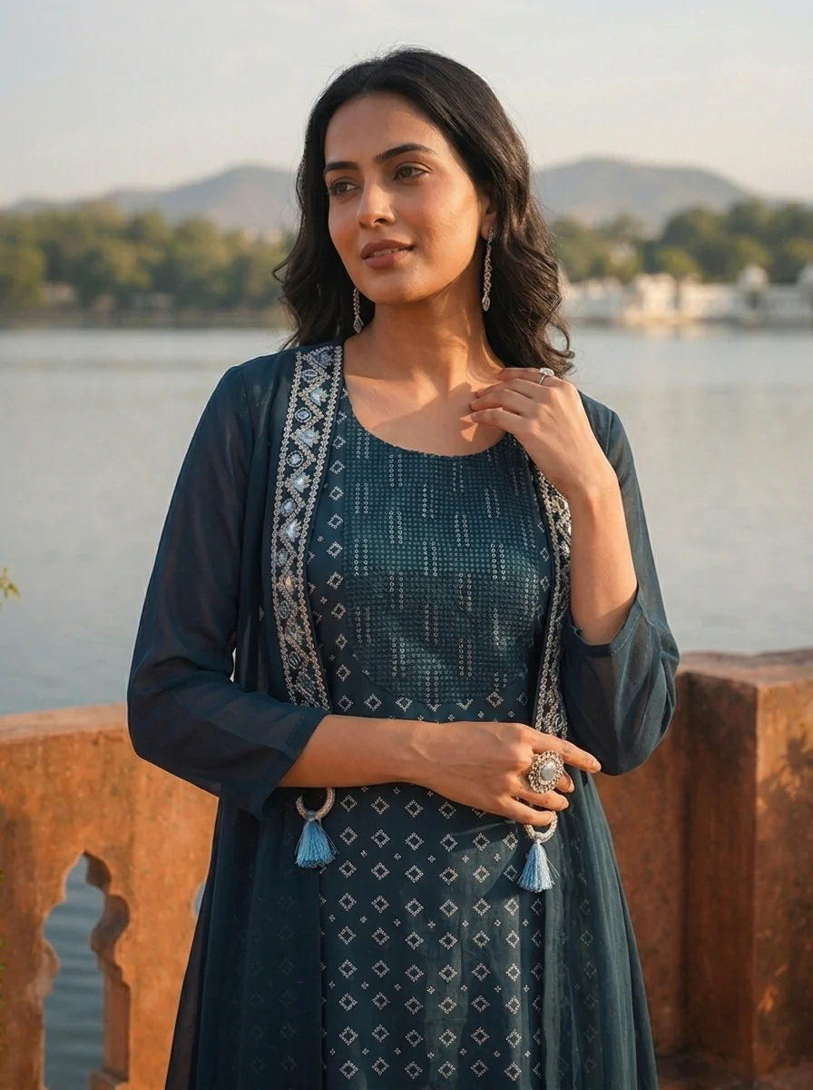 Peacock Georgette Bandhani Printed Dress - Image 5
