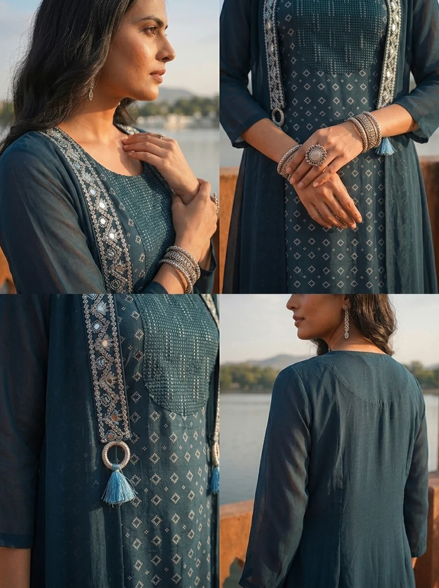 Peacock Georgette Bandhani Printed Dress - Image 6