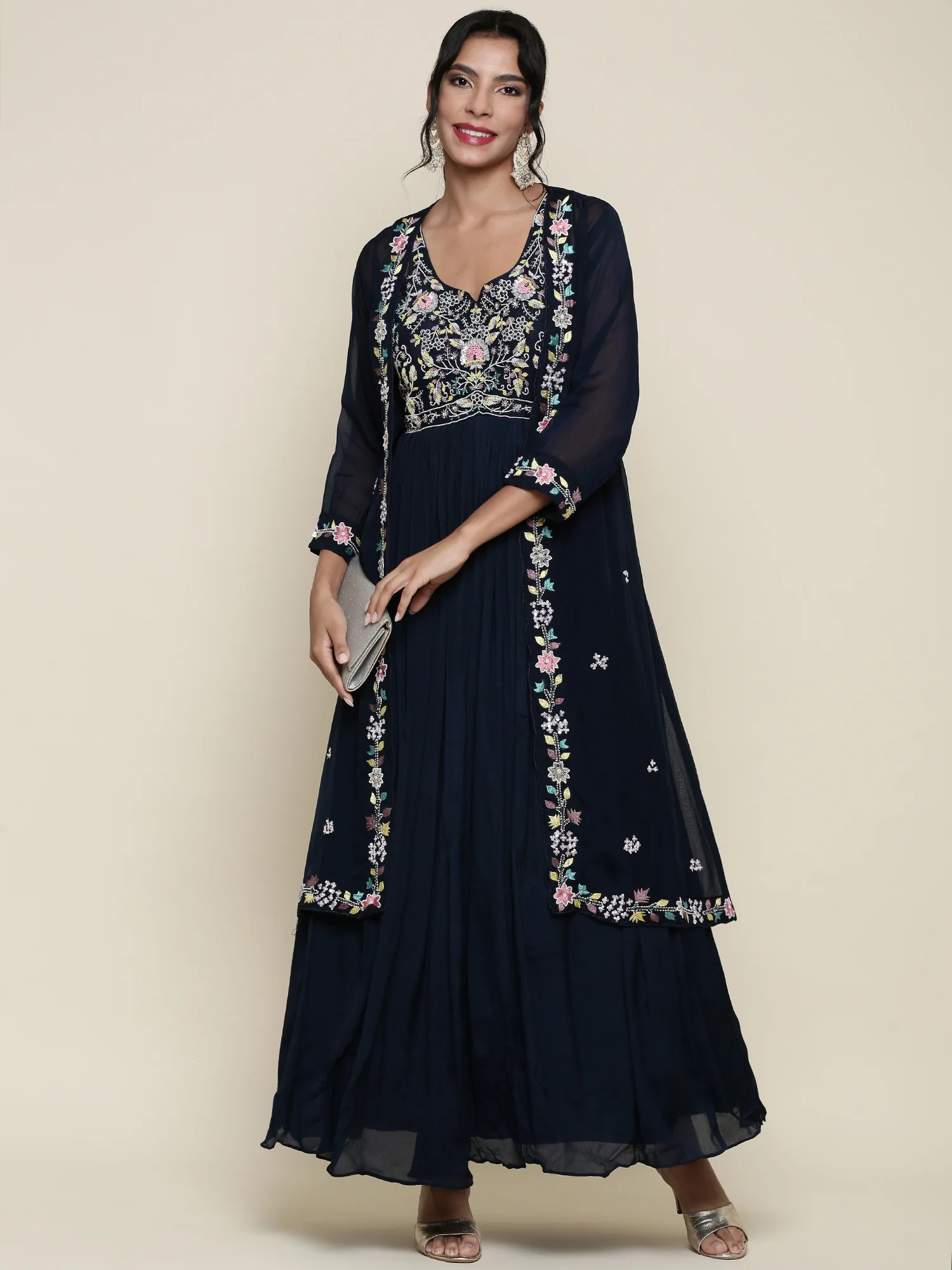 Peacock Georgette resham embroidered anarkali with jacket - Image 5