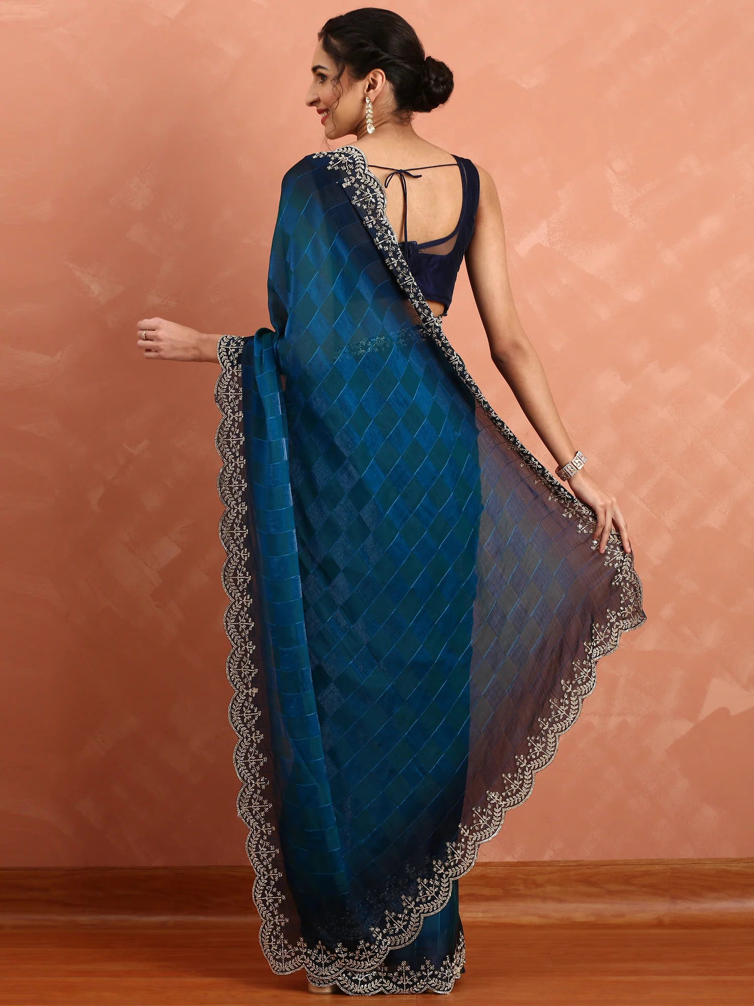 Peacock Jacquard Satin Organza Saree With Hand Embroidery - Image 3