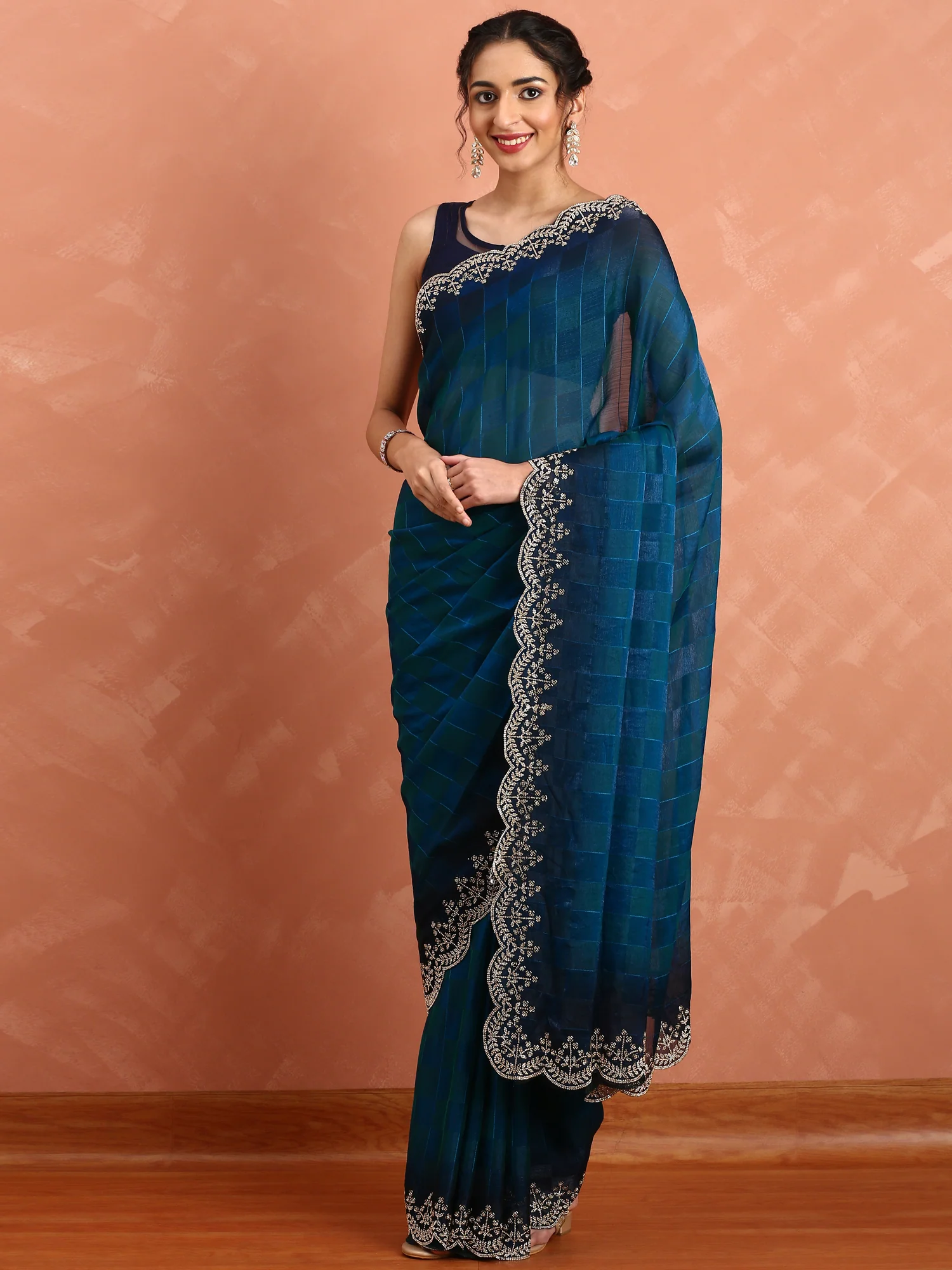 Peacock Jacquard Satin Organza Saree With Hand Embroidery - Image 4