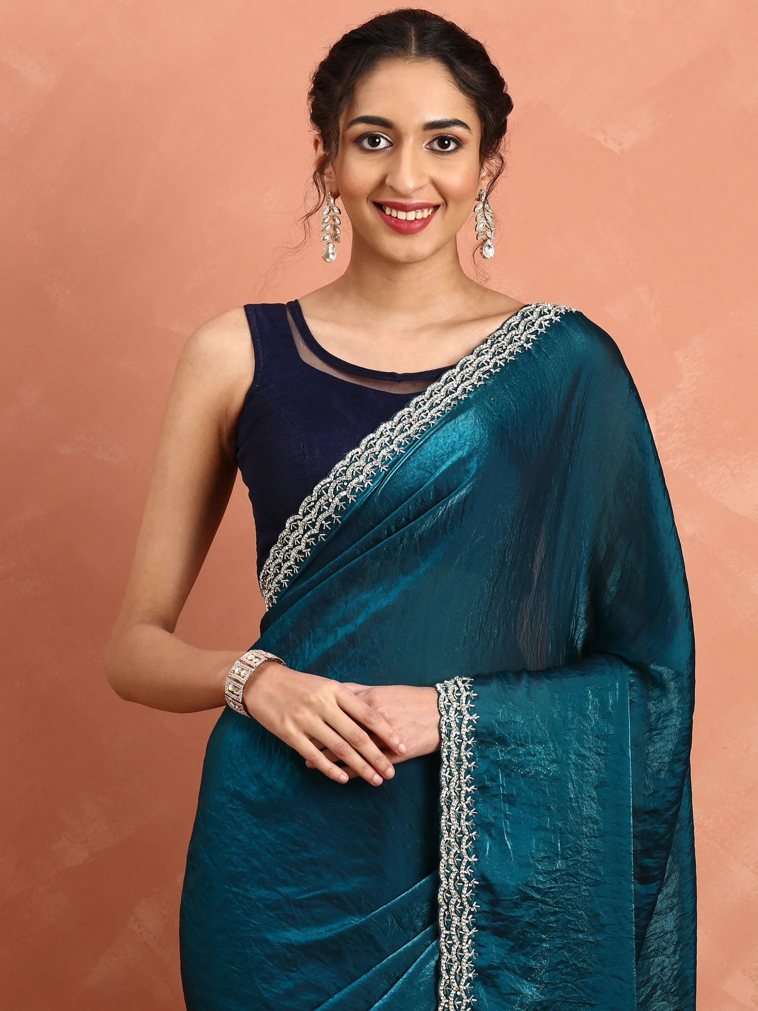 Peacock Jimmy saree with pearls & cut Dana embroidery - Image 3