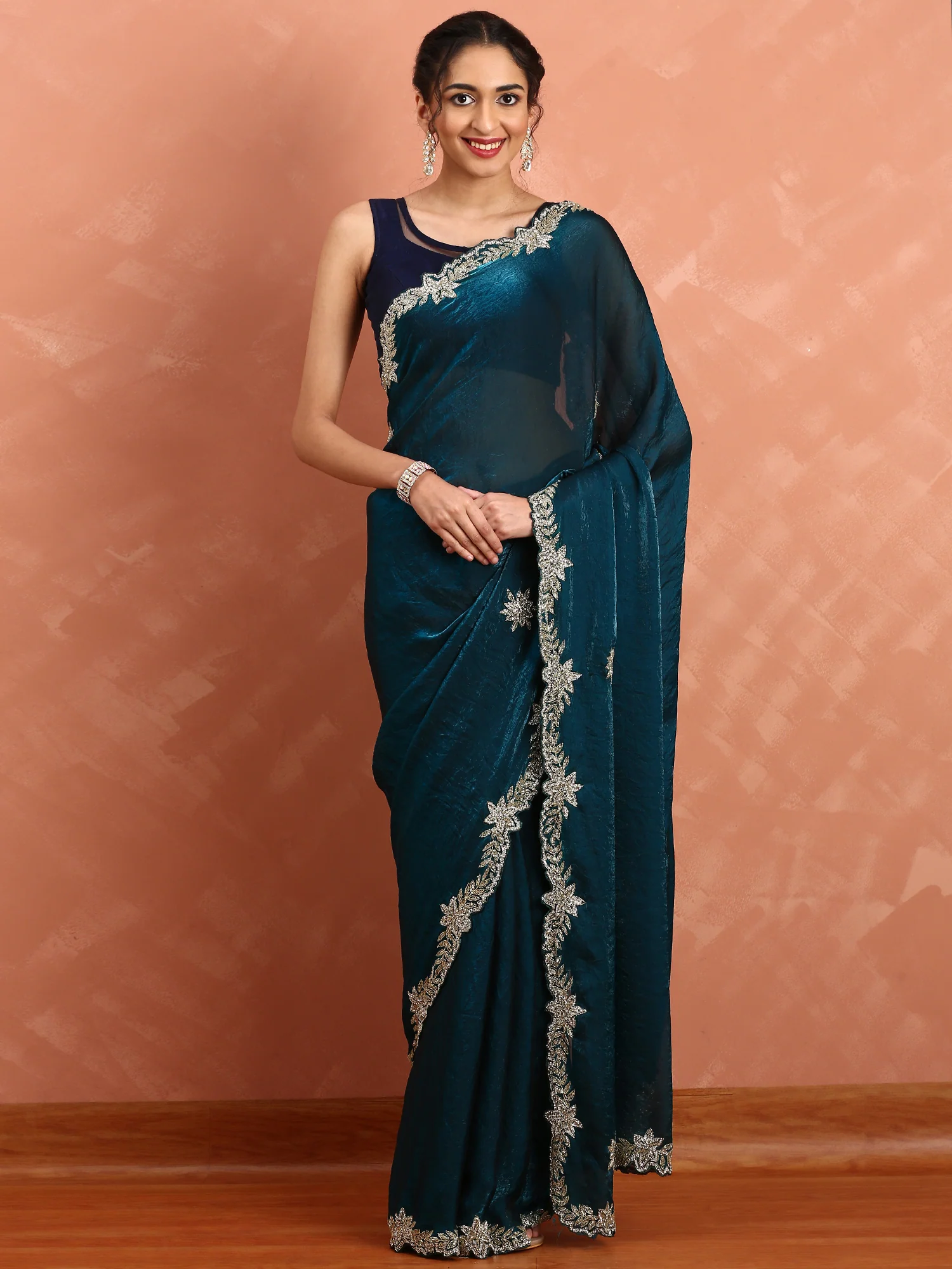 Peacock Jimmy Saree With Pearls Cut Dana And Swarovski Hand Embroidery