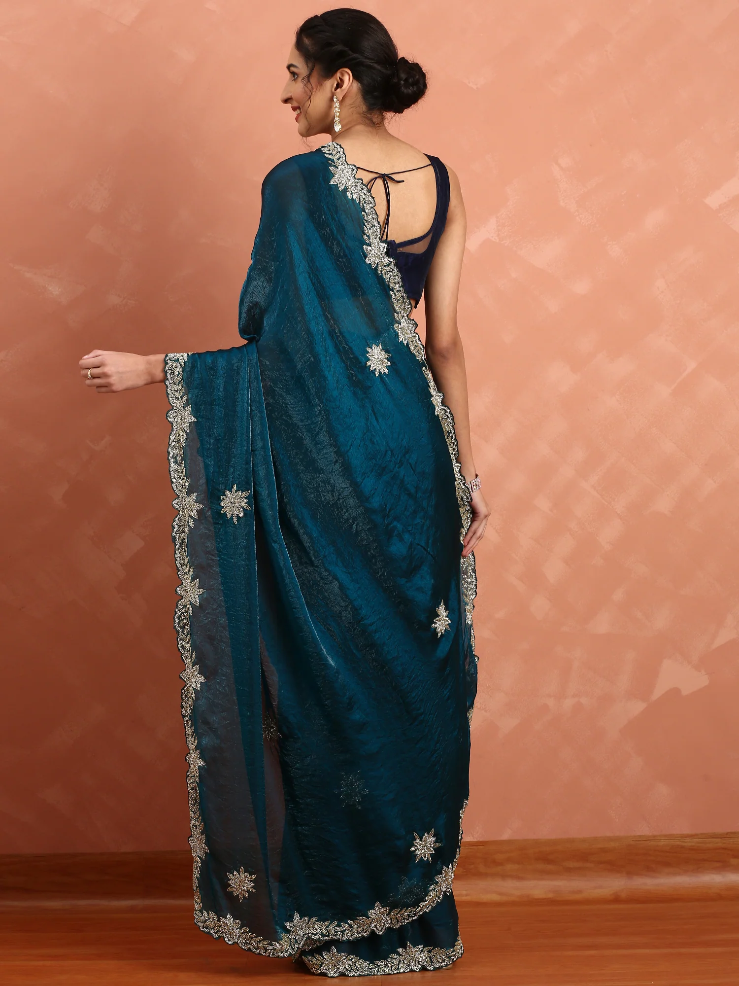 Peacock Jimmy Saree With Pearls Cut Dana And Swarovski Hand Embroidery - Image 2