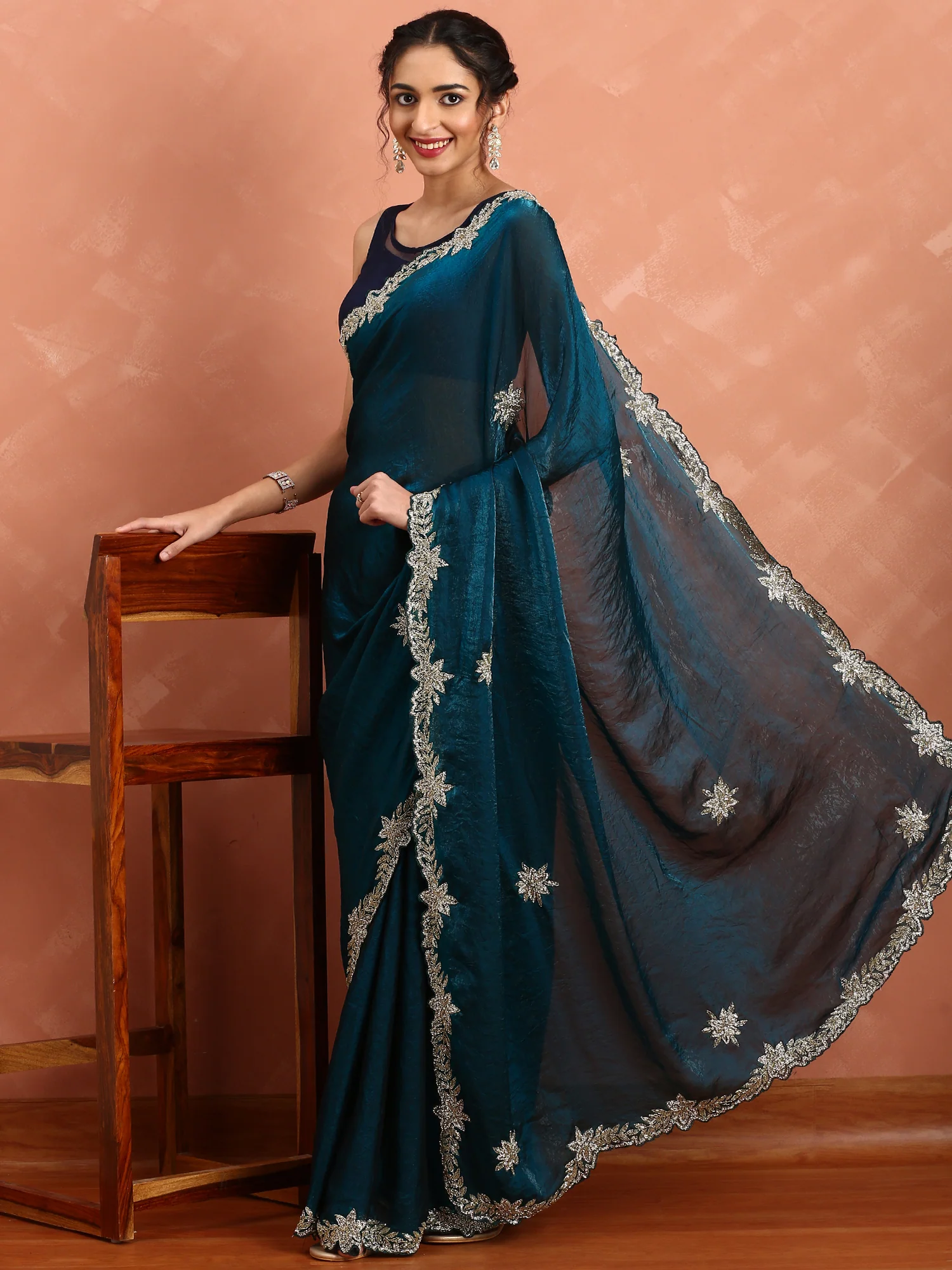 Peacock Jimmy Saree With Pearls Cut Dana And Swarovski Hand Embroidery - Image 4