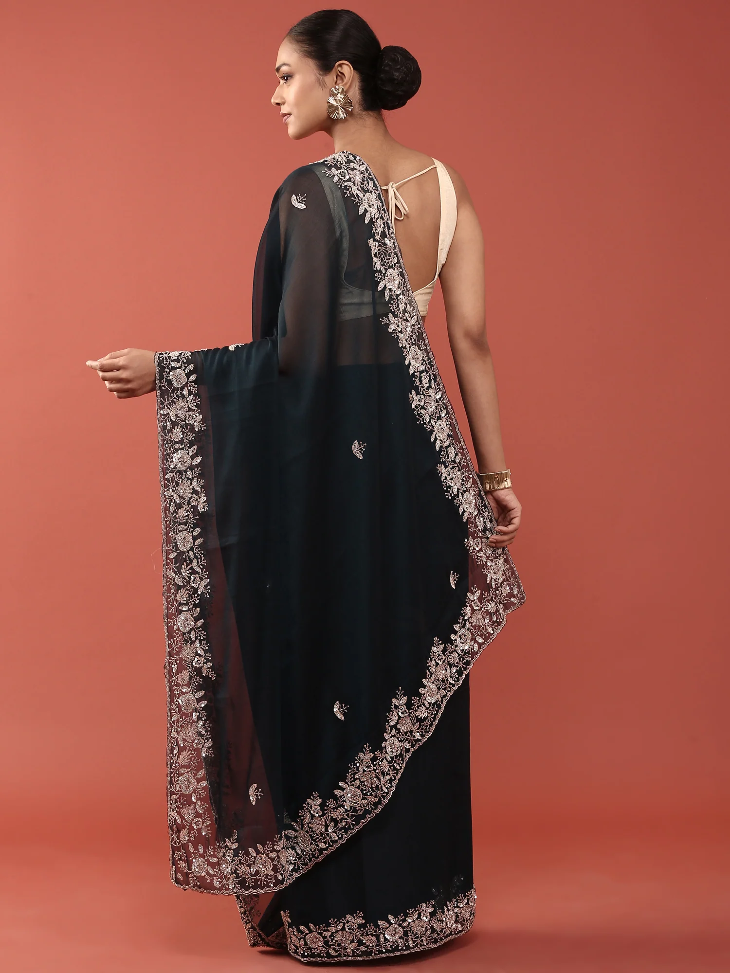 Peacock Organza Aari Embroidery Saree - Image 2