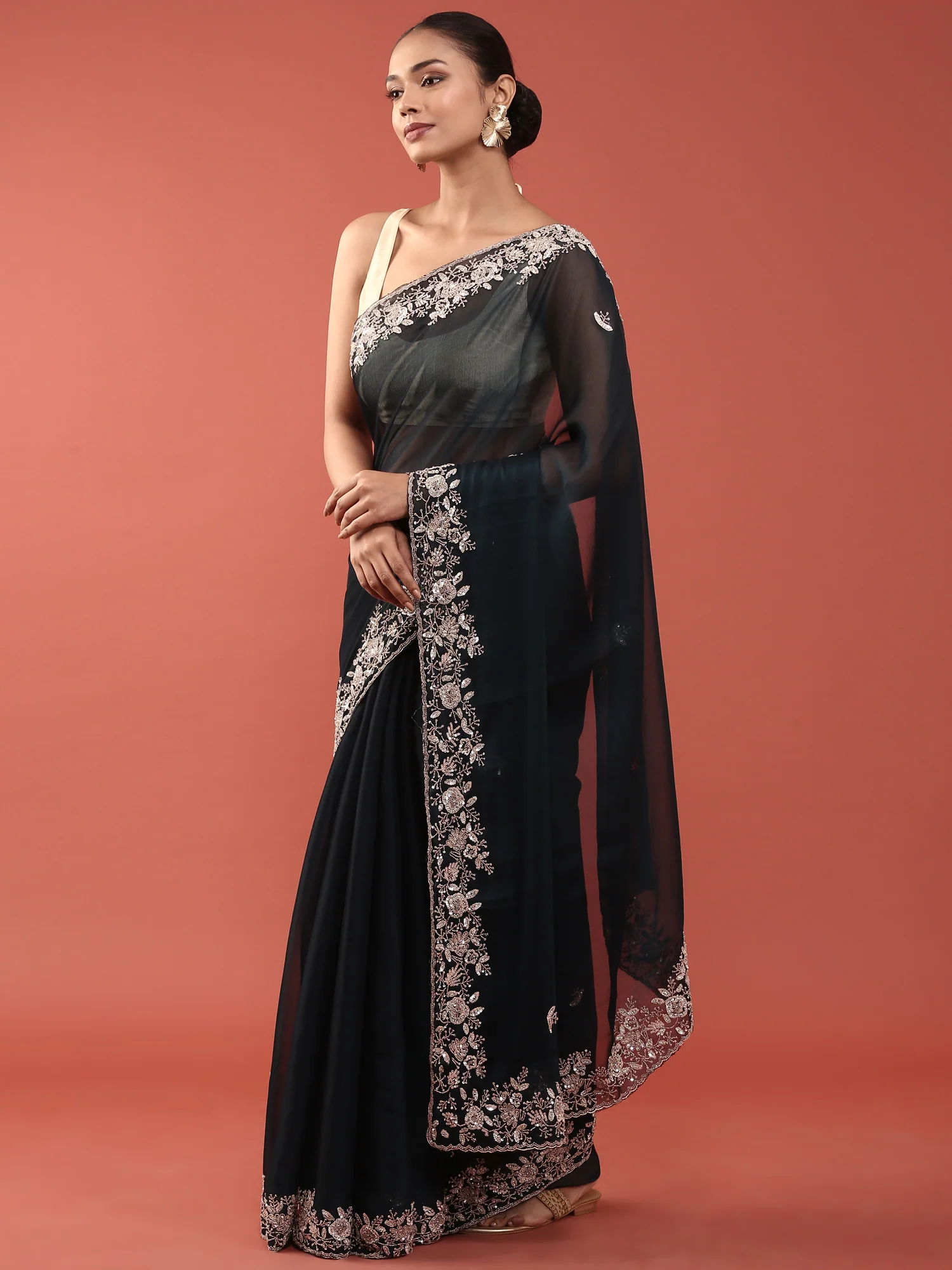 Peacock Organza Aari Embroidery Saree - Image 4