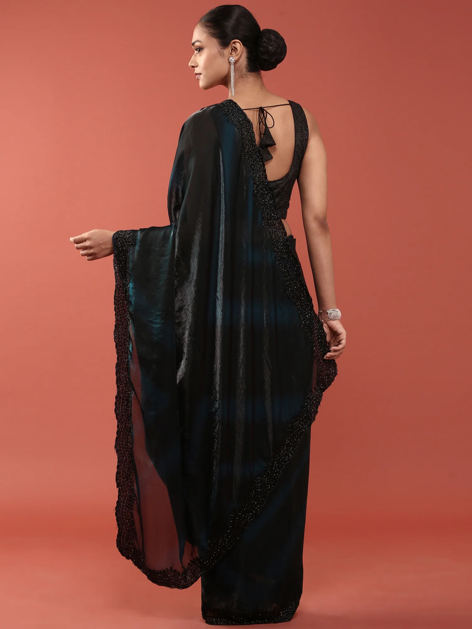 Peacock Shimmer Stone And Thread Embroidery Saree - Image 2
