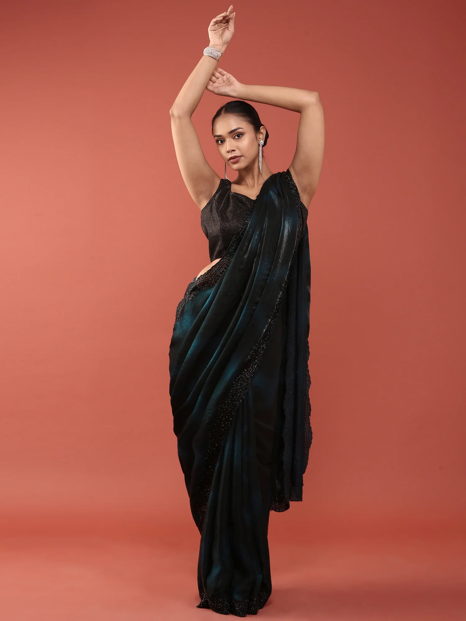 Peacock Shimmer Stone And Thread Embroidery Saree - Image 5