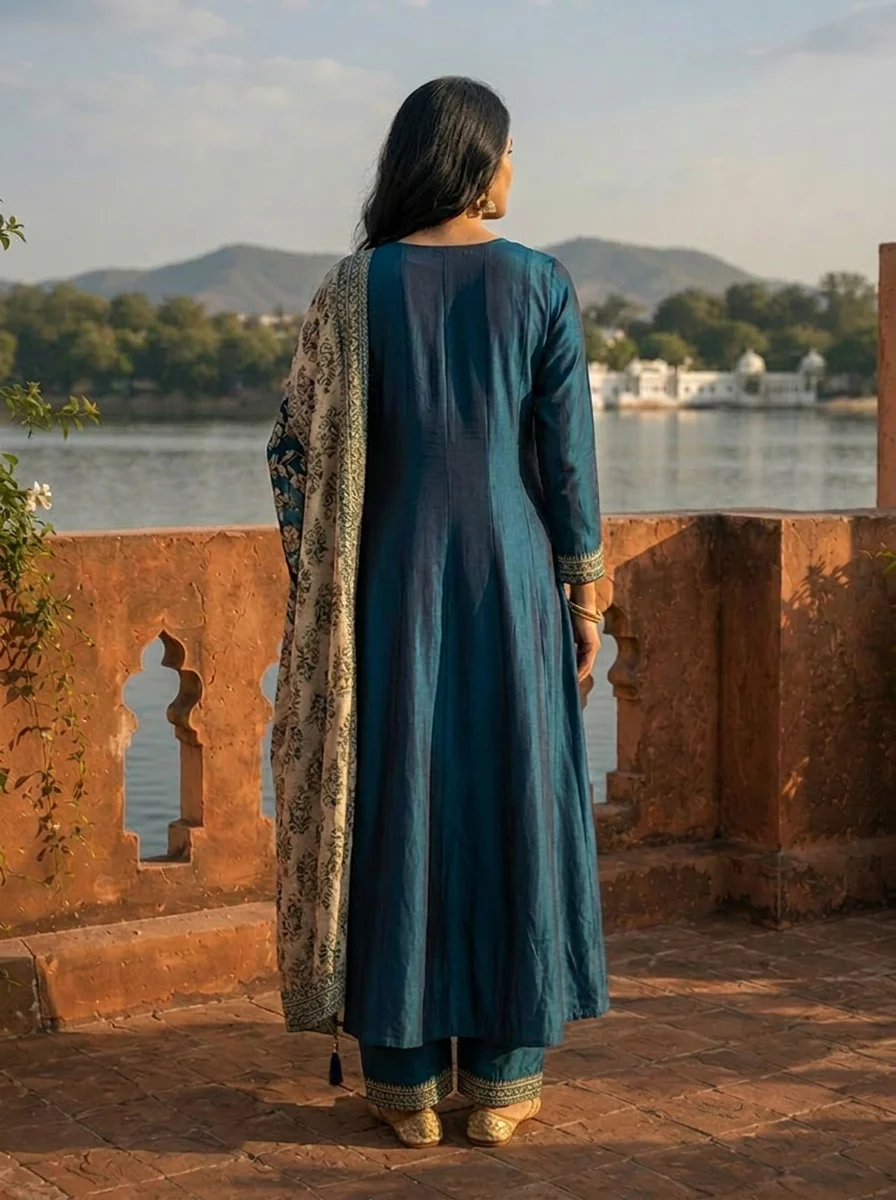 Peacock Silk Embroidery Three Piece Set With Contrast Dupatta - Image 3