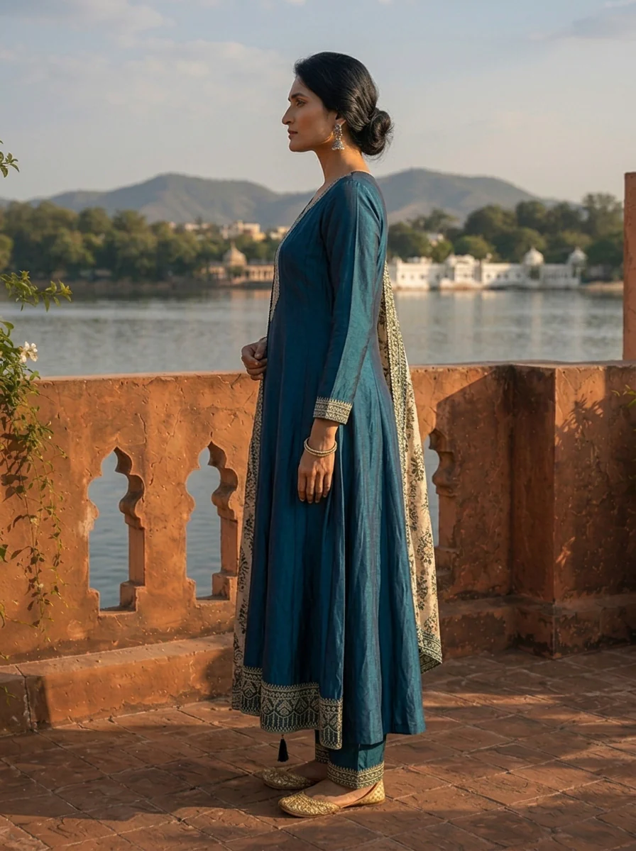 Peacock Silk Embroidery Three Piece Set With Contrast Dupatta - Image 4