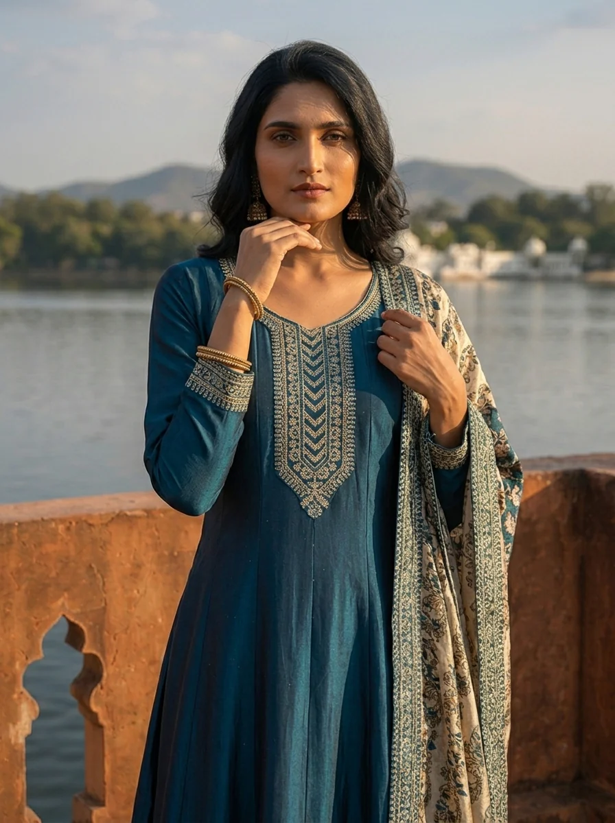 Peacock Silk Embroidery Three Piece Set With Contrast Dupatta - Image 5