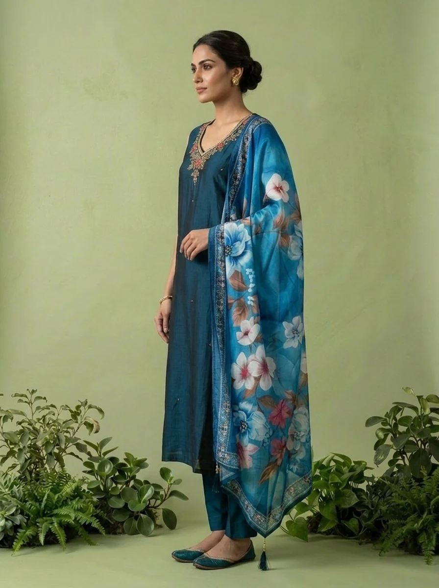 Peacock Silk Floral Beads And Thread Embroidered Three Piece Set