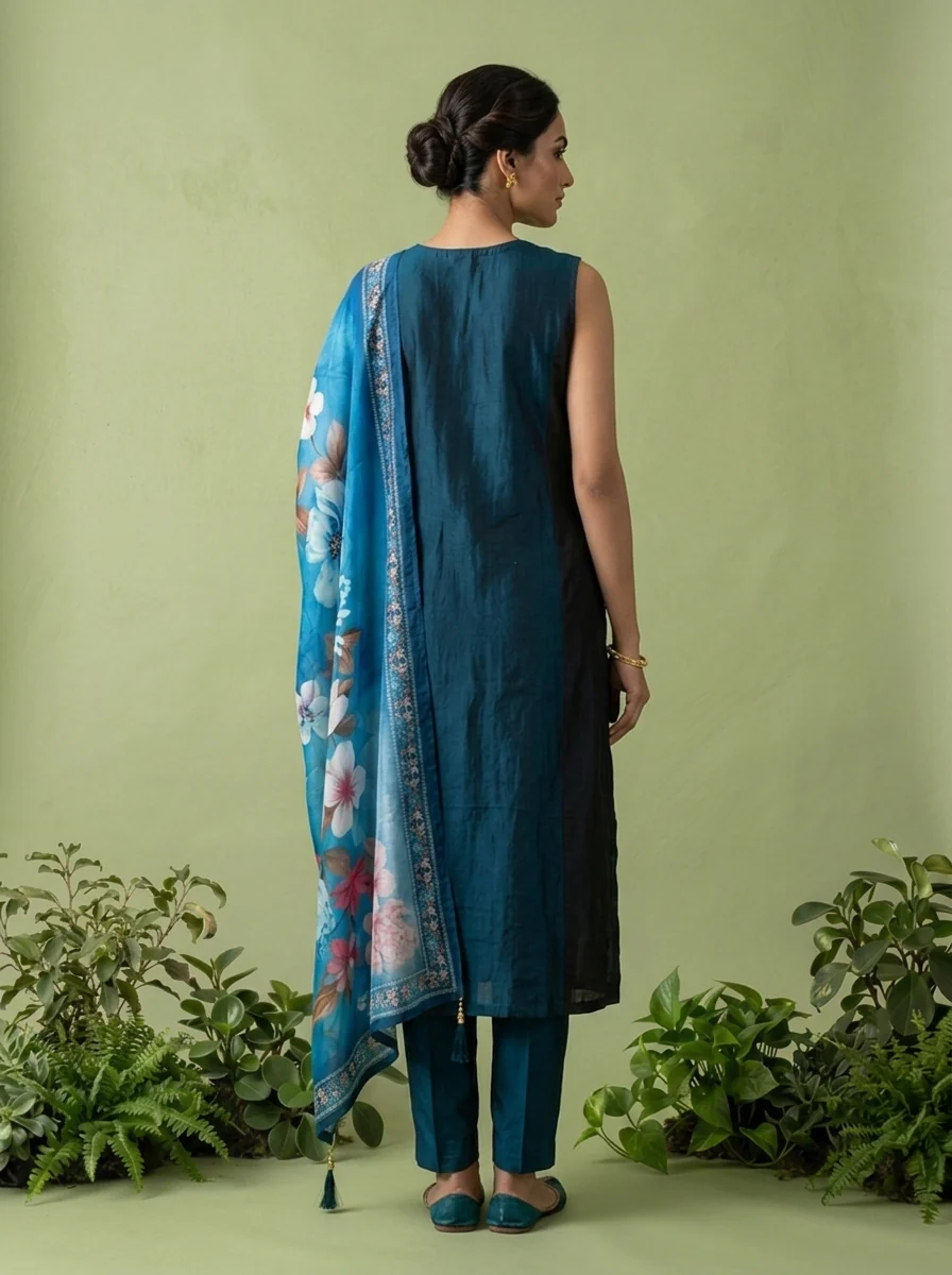 Peacock Silk Floral Beads And Thread Embroidered Three Piece Set - Image 3