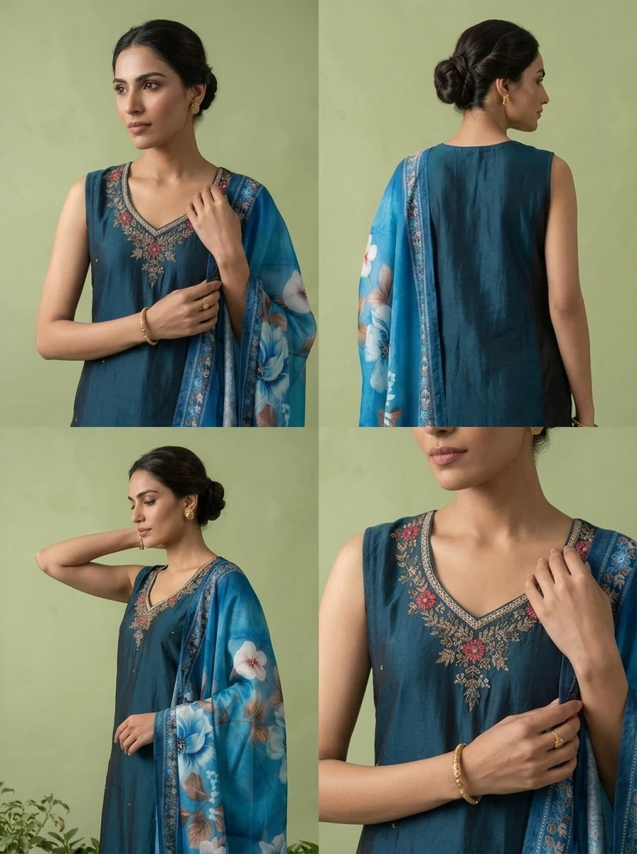 Peacock Silk Floral Beads And Thread Embroidered Three Piece Set - Image 5