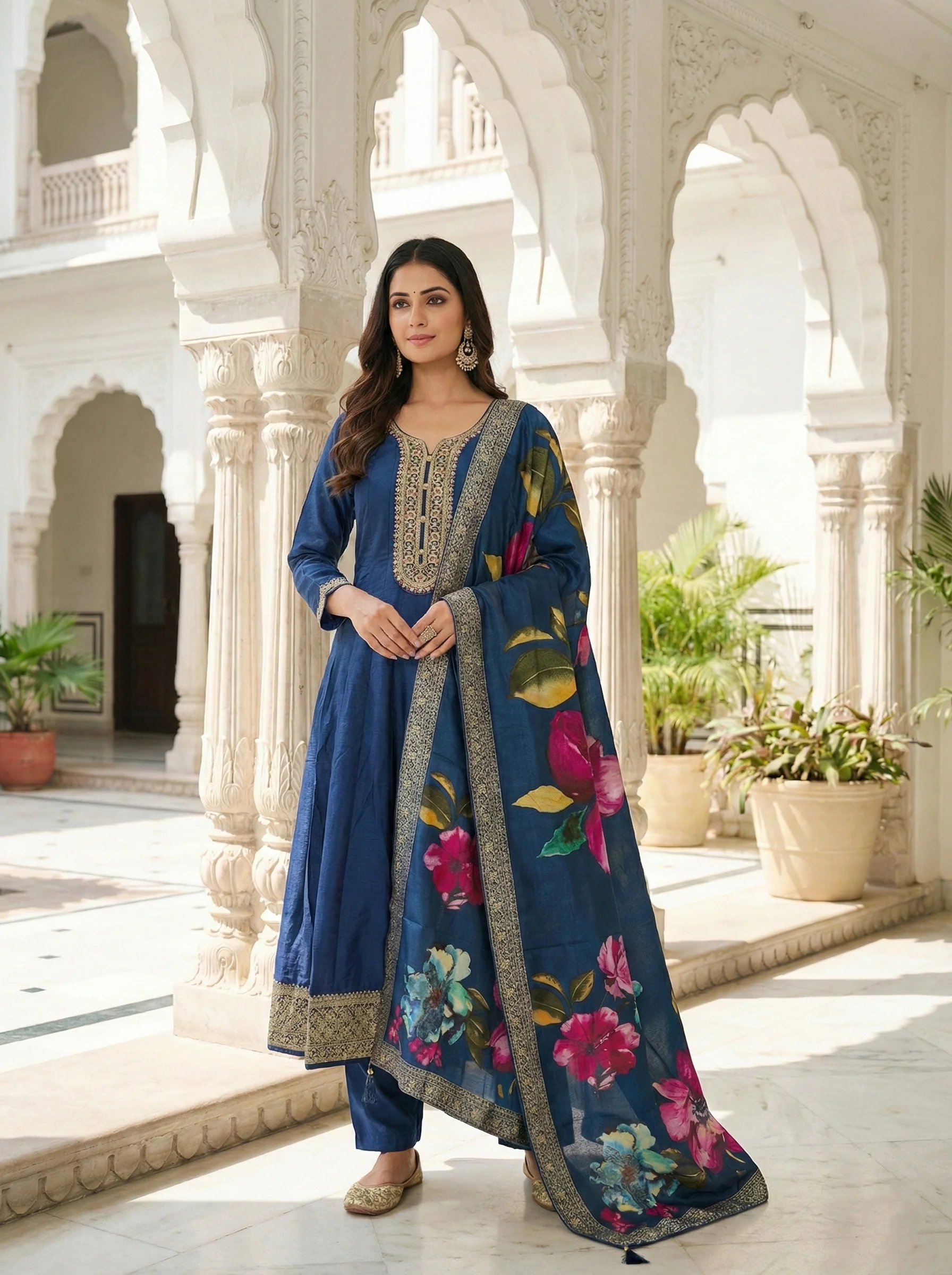 Peacock Silk Floral Digital Print Suit Set - Image 3