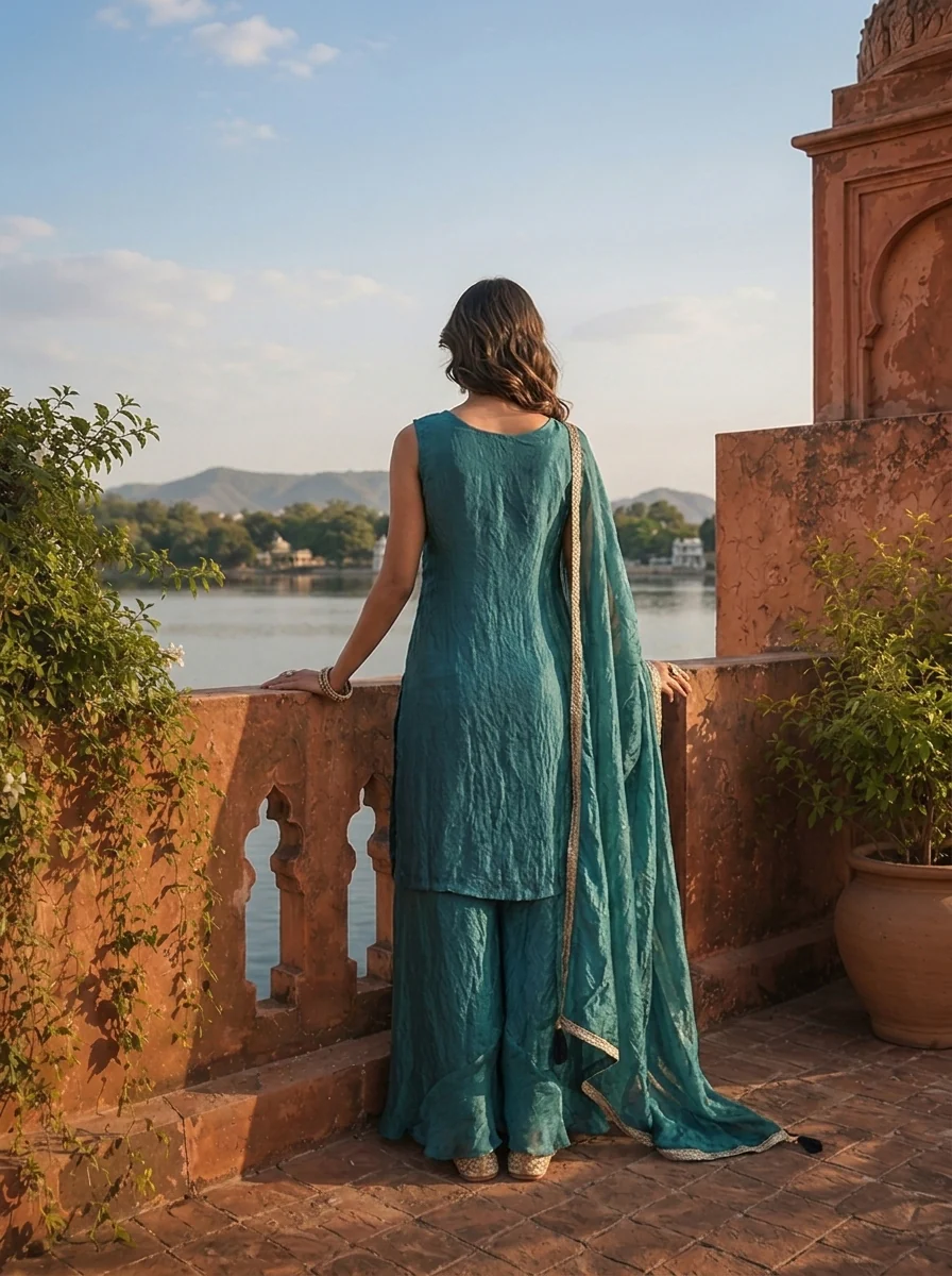 Peacock Silk Floral Jaal Embroidered Three Piece Set - Image 2