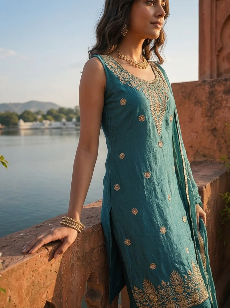 Peacock Silk Floral Jaal Embroidered Three Piece Set - Image 4