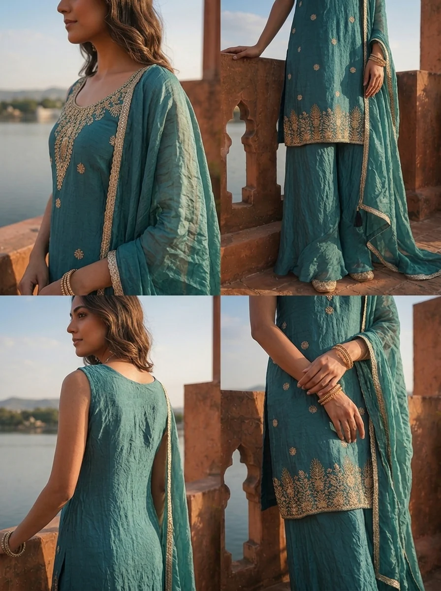 Peacock Silk Floral Jaal Embroidered Three Piece Set - Image 5