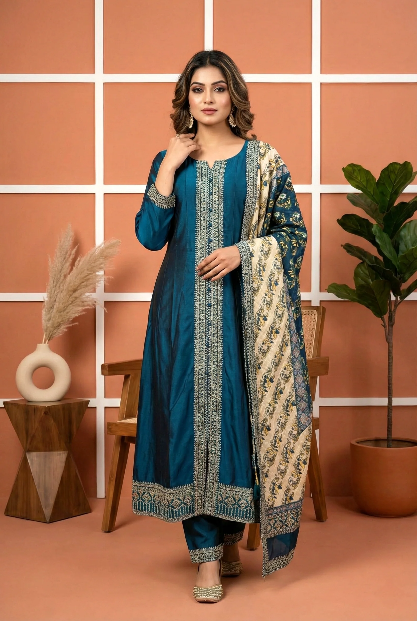Peacock Silk Hand Embroidery Three Piece Set