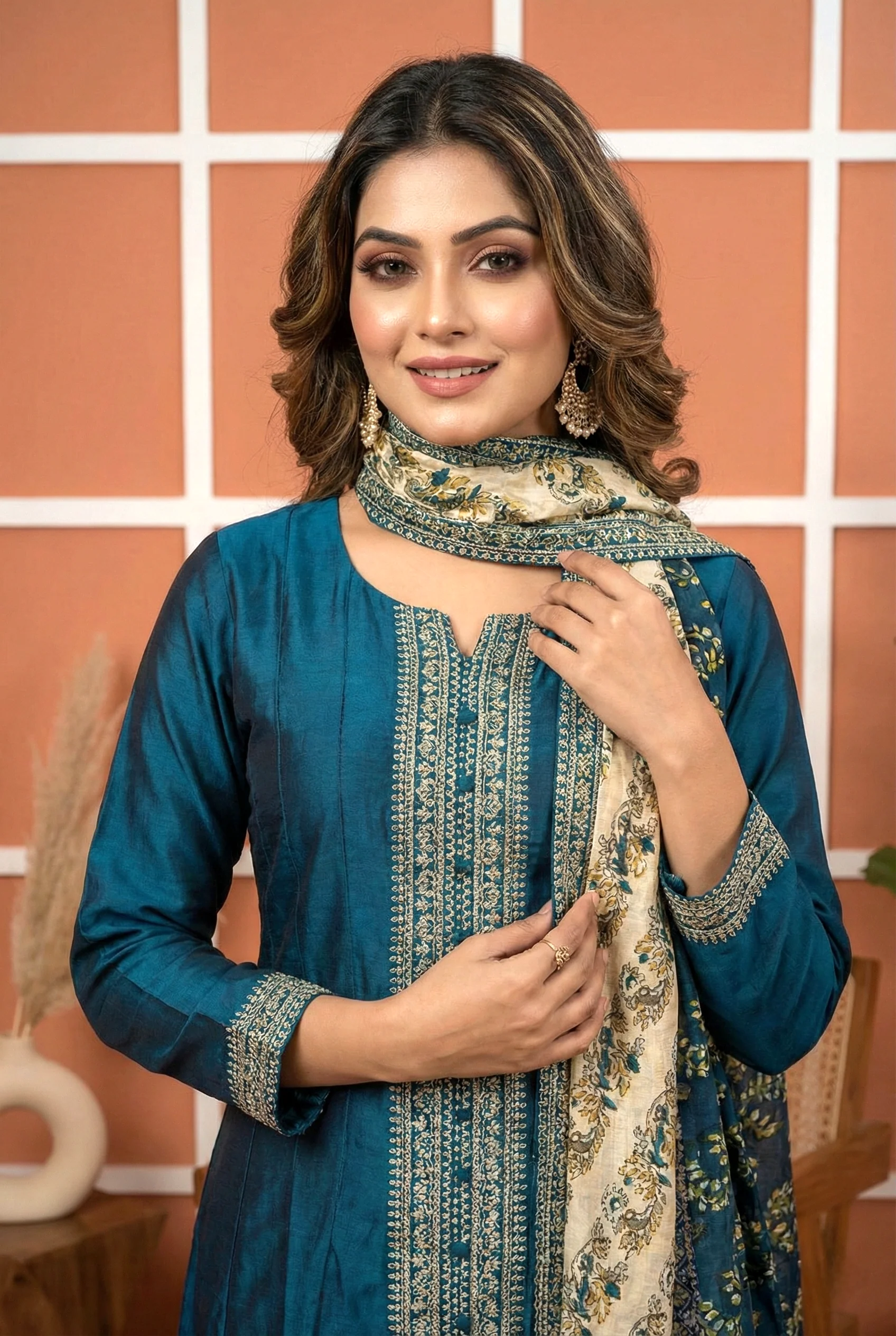 Peacock Silk Hand Embroidery Three Piece Set - Image 2