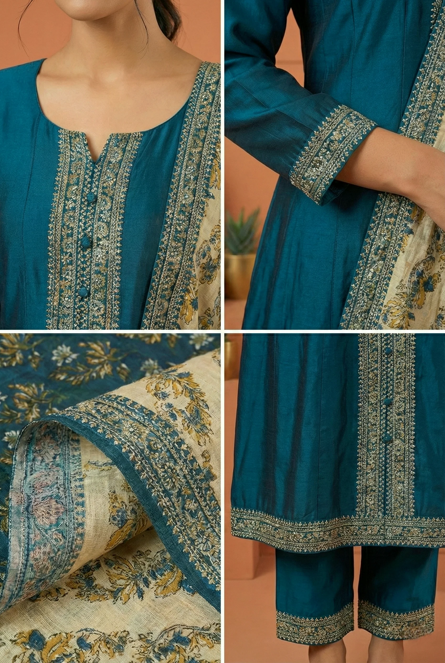 Peacock Silk Hand Embroidery Three Piece Set - Image 3