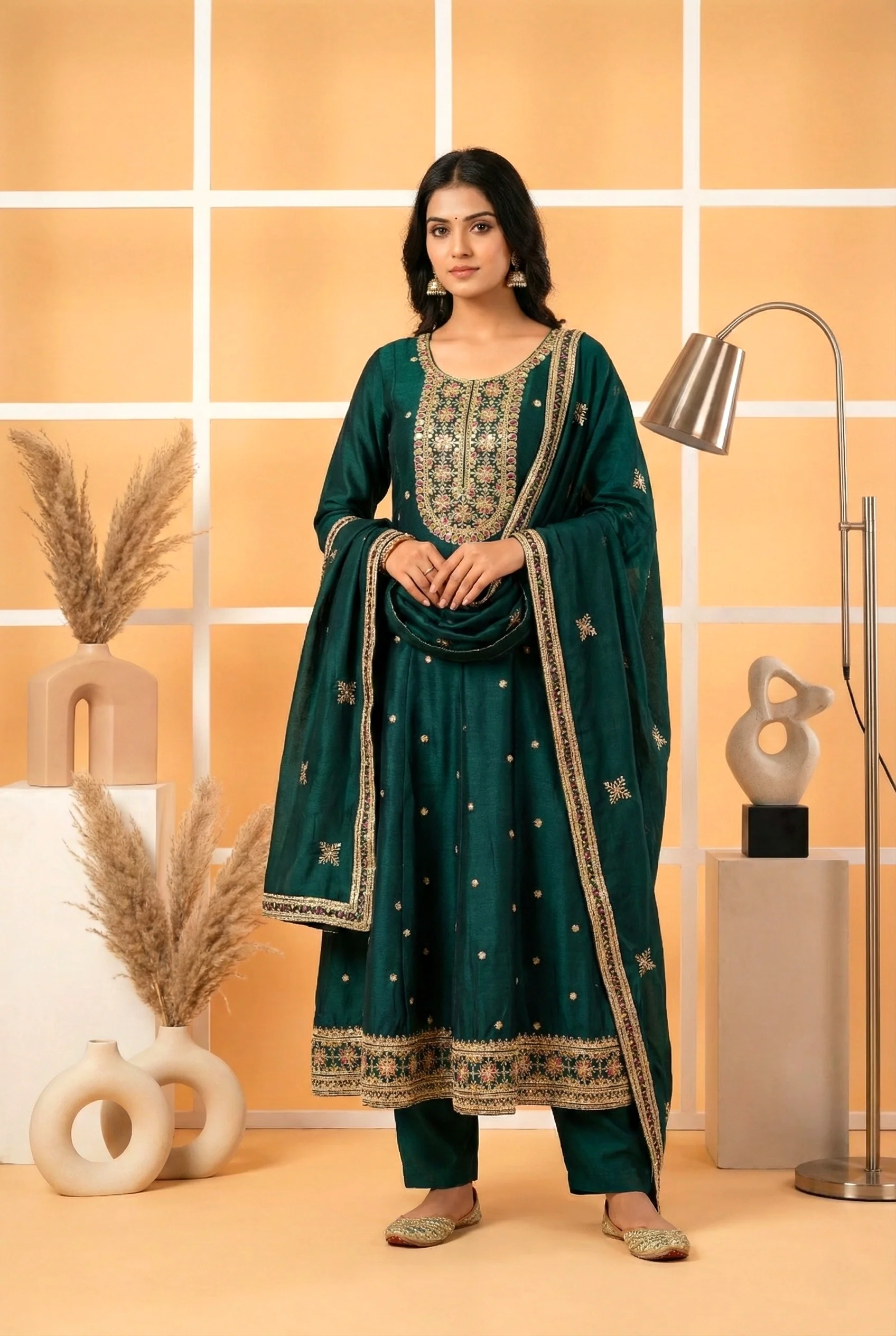 Peacock Silk Hand Embroidery Three Piece Set