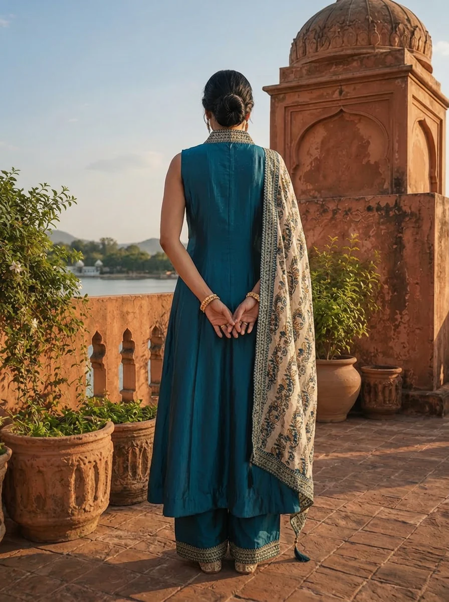 Peacock Silk Zari Embroidery Three Piece Set With Floral Dupatta - Image 2