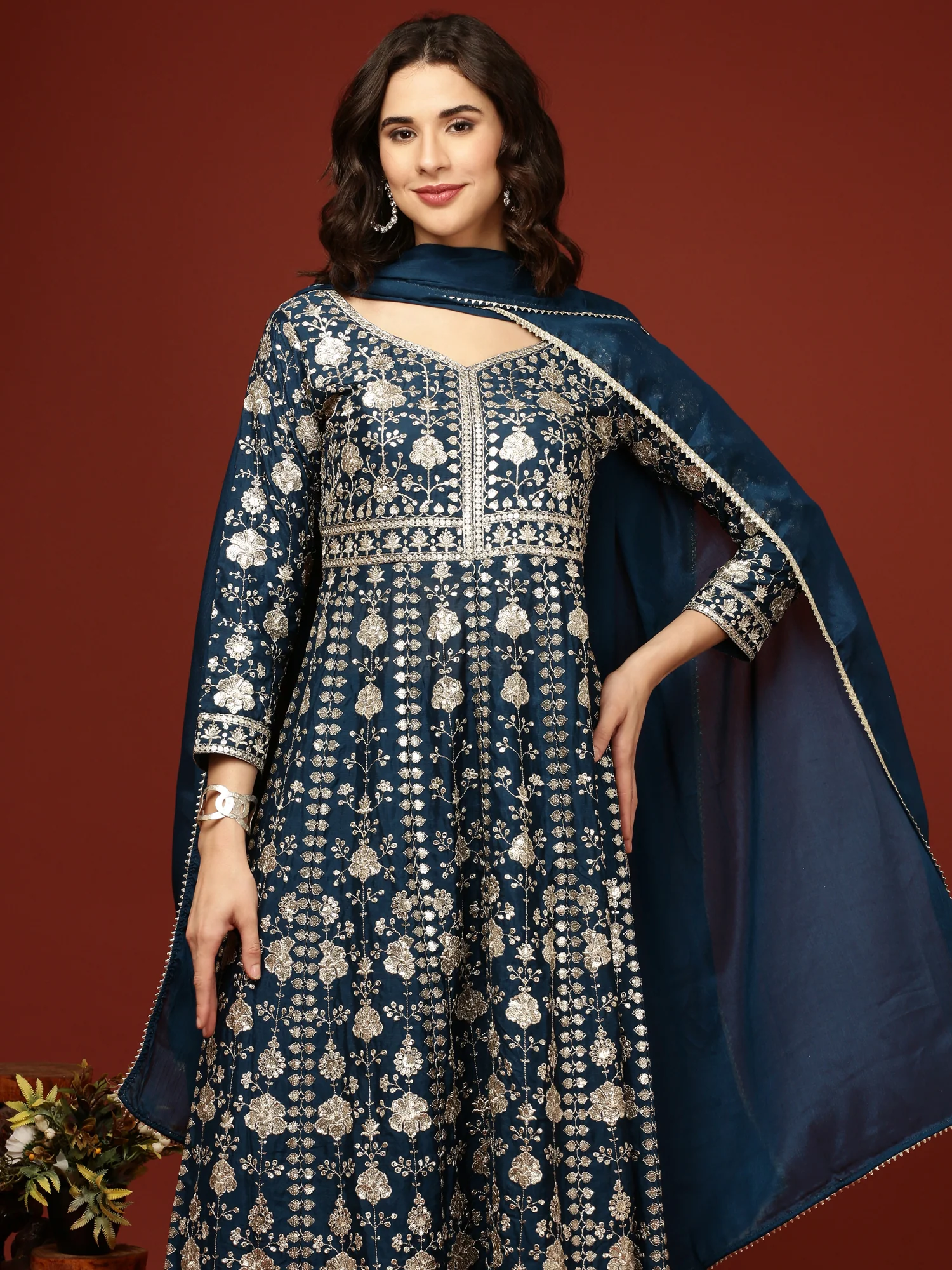Peacock Vichitra Silk Anarkali Three Piece Set - Image 2