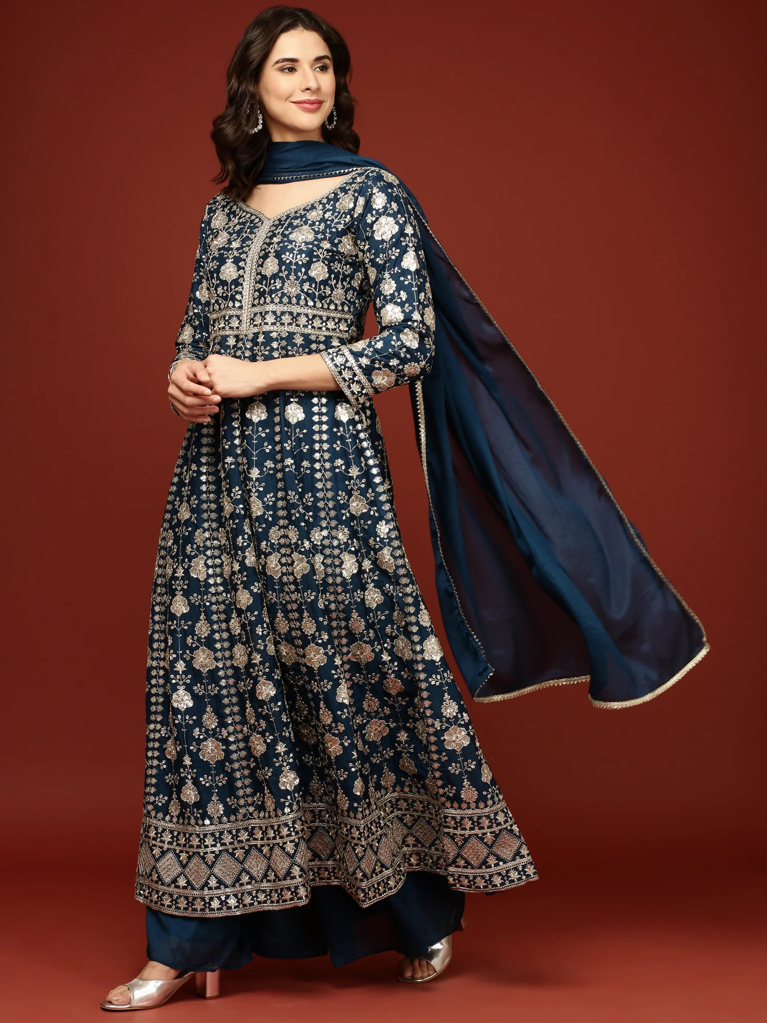 Peacock Vichitra Silk Anarkali Three Piece Set - Image 6