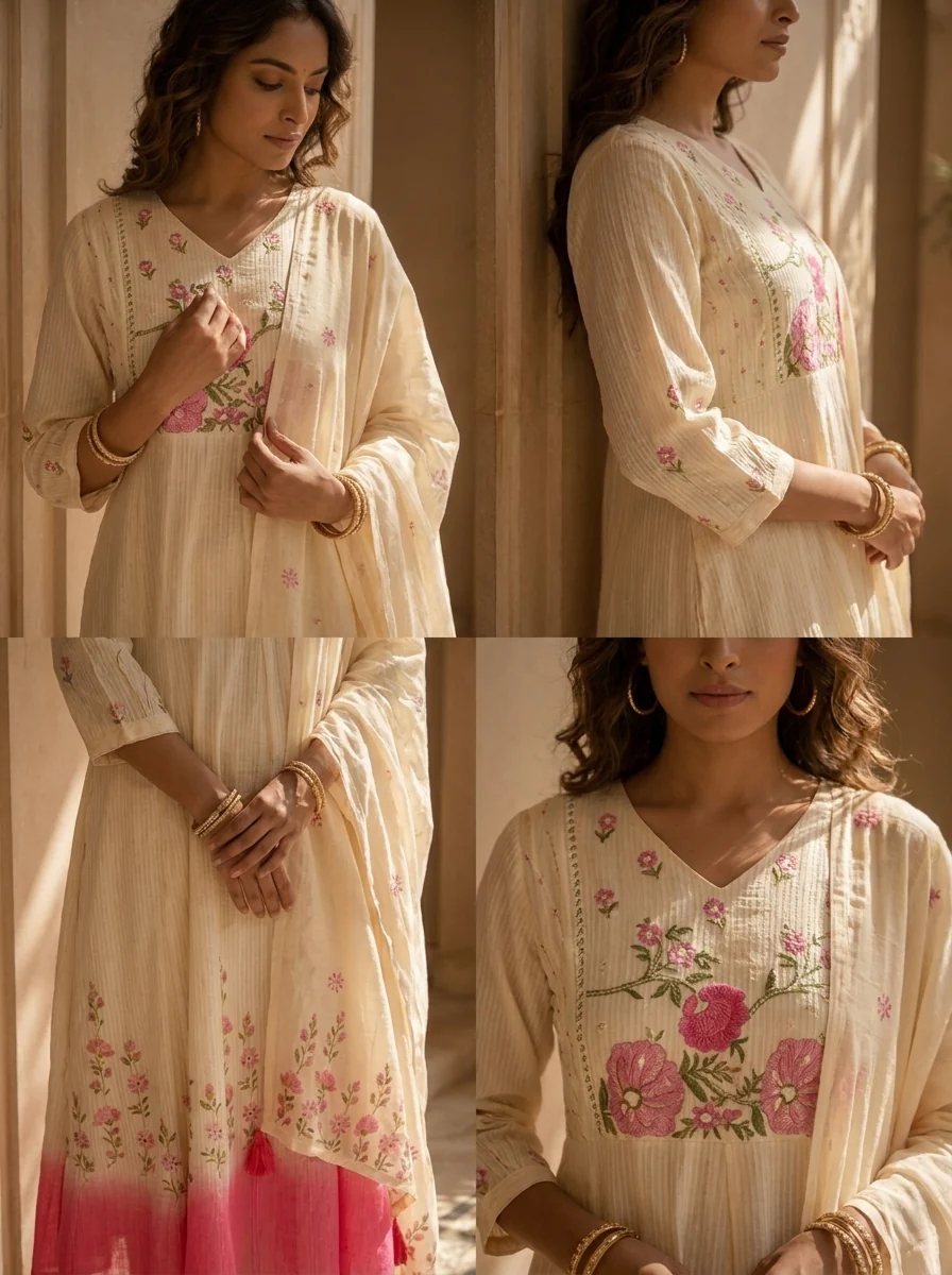 Pink And White Cotton Floral Hand Thread Embroidery Three Piece Set - Image 5