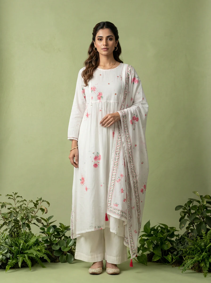 Pink And White Cotton Printed And Sequins Embroidery Three Piece Set - Image 2