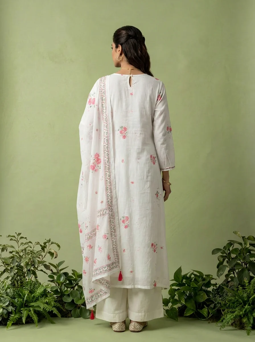 Pink And White Cotton Printed And Sequins Embroidery Three Piece Set - Image 3