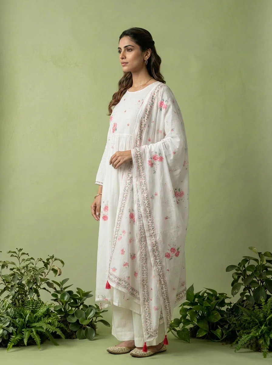 Pink And White Cotton Printed And Sequins Embroidery Three Piece Set - Image 4