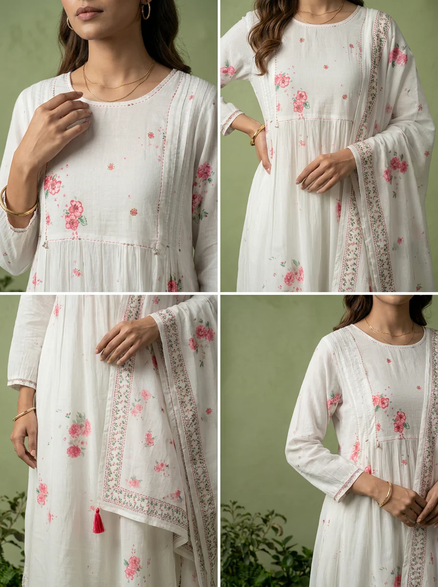 Pink And White Cotton Printed And Sequins Embroidery Three Piece Set - Image 5
