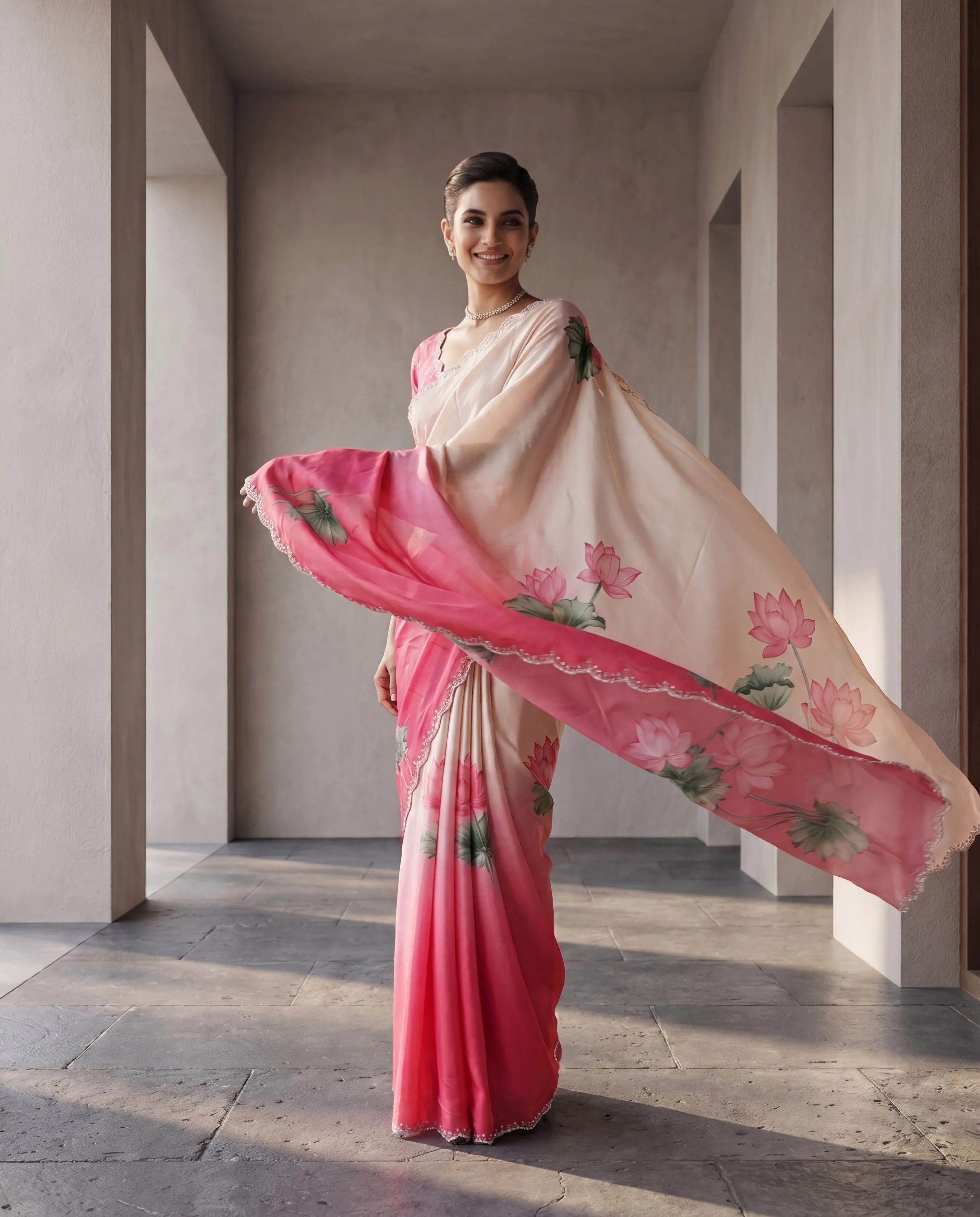 Pink And White Satin Printed Saree