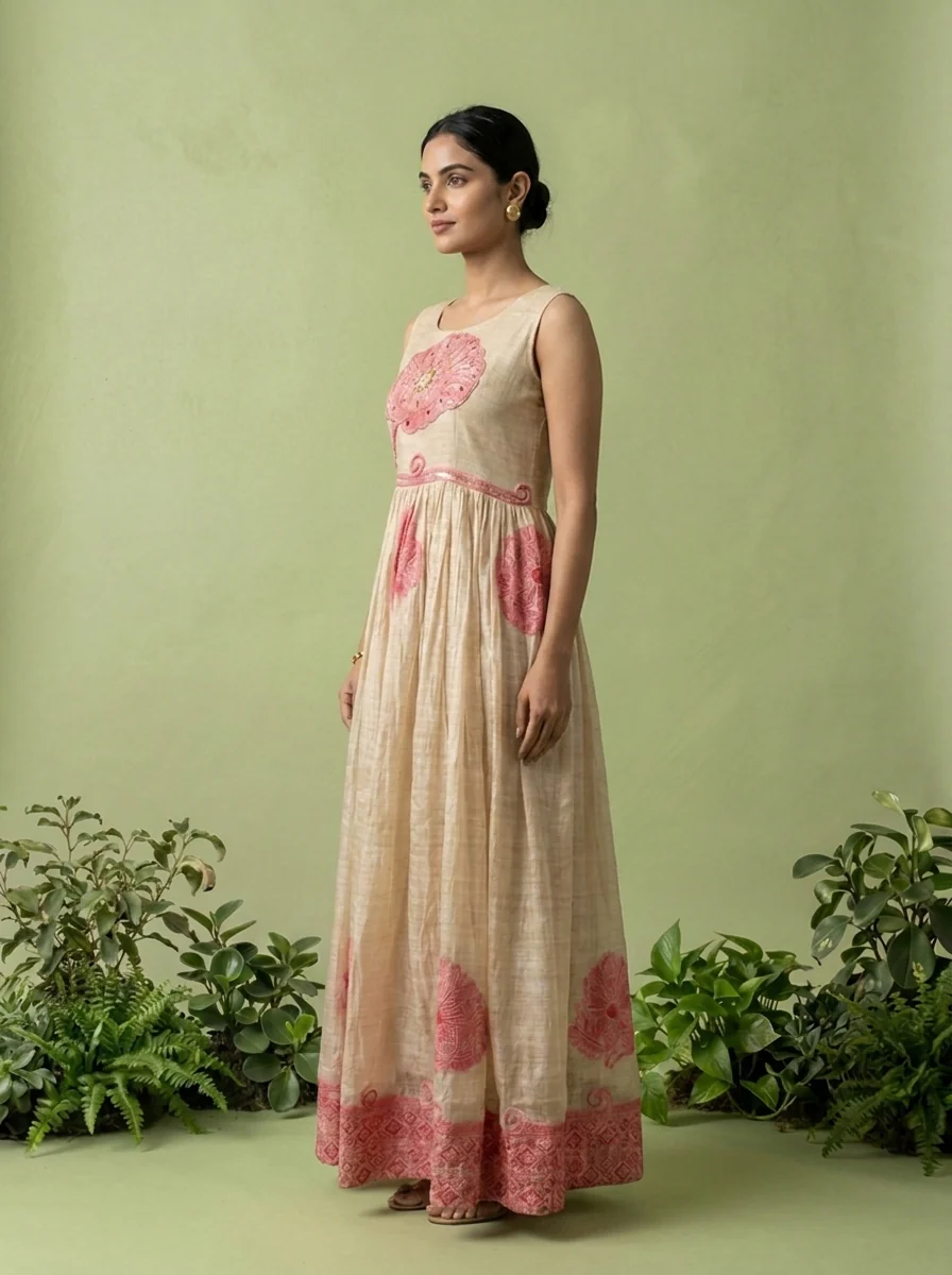 Pink Chanderi Beads And Floral Thread Embroidery Long Dress - Image 3