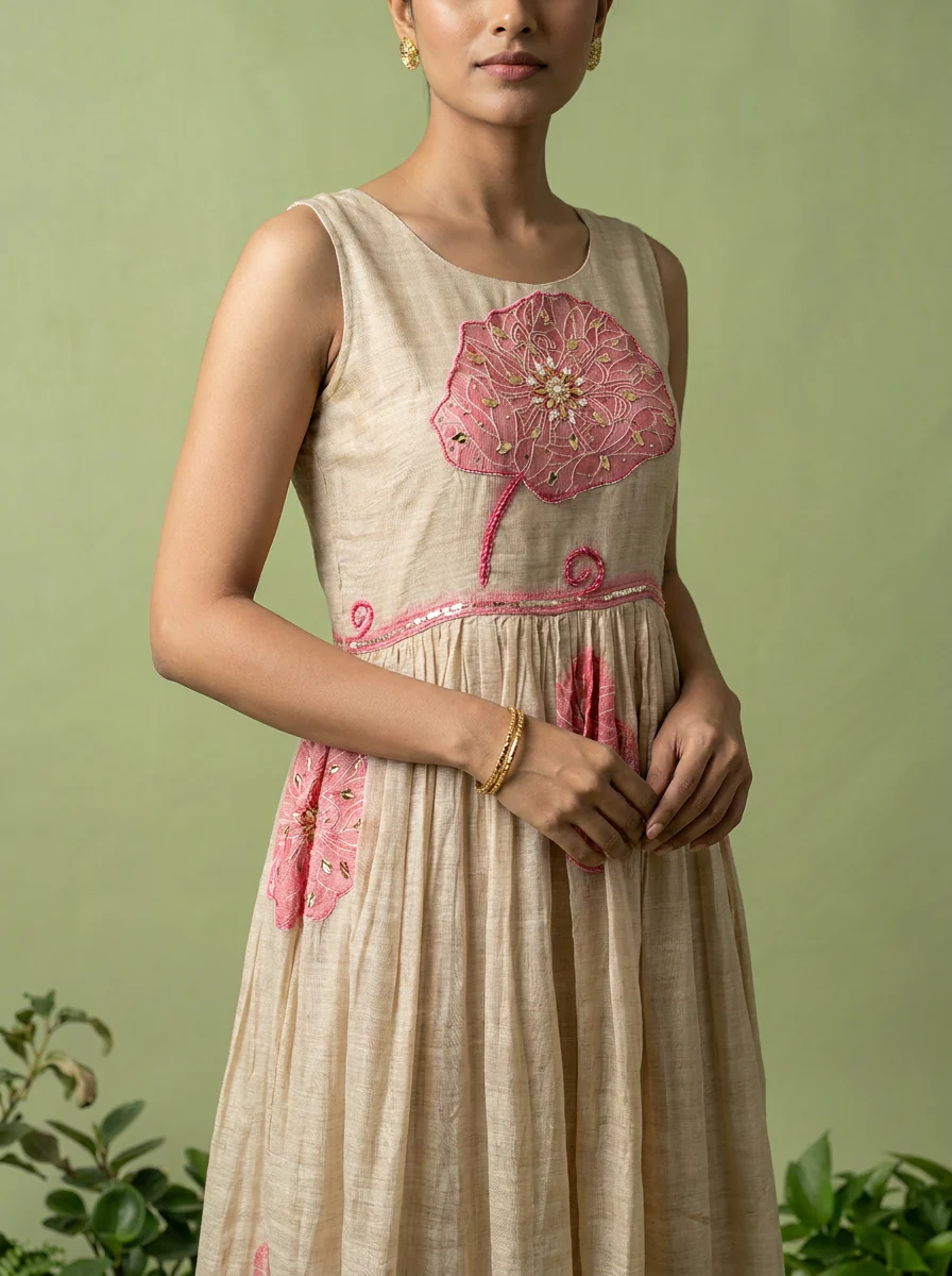 Pink Chanderi Beads And Floral Thread Embroidery Long Dress - Image 4