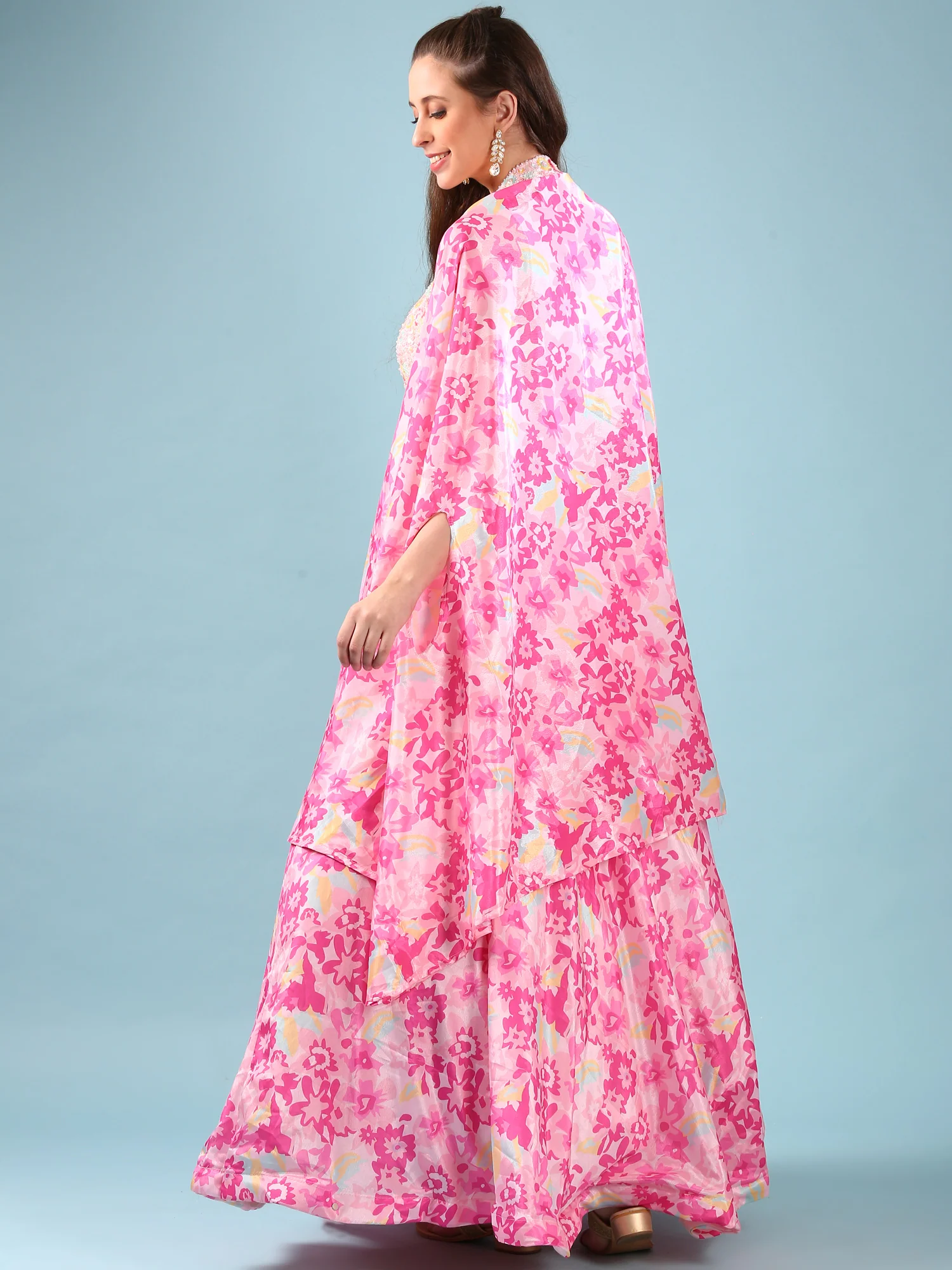 Pink Chinnon Digital Print Jacket Ghagra Set - Image 3