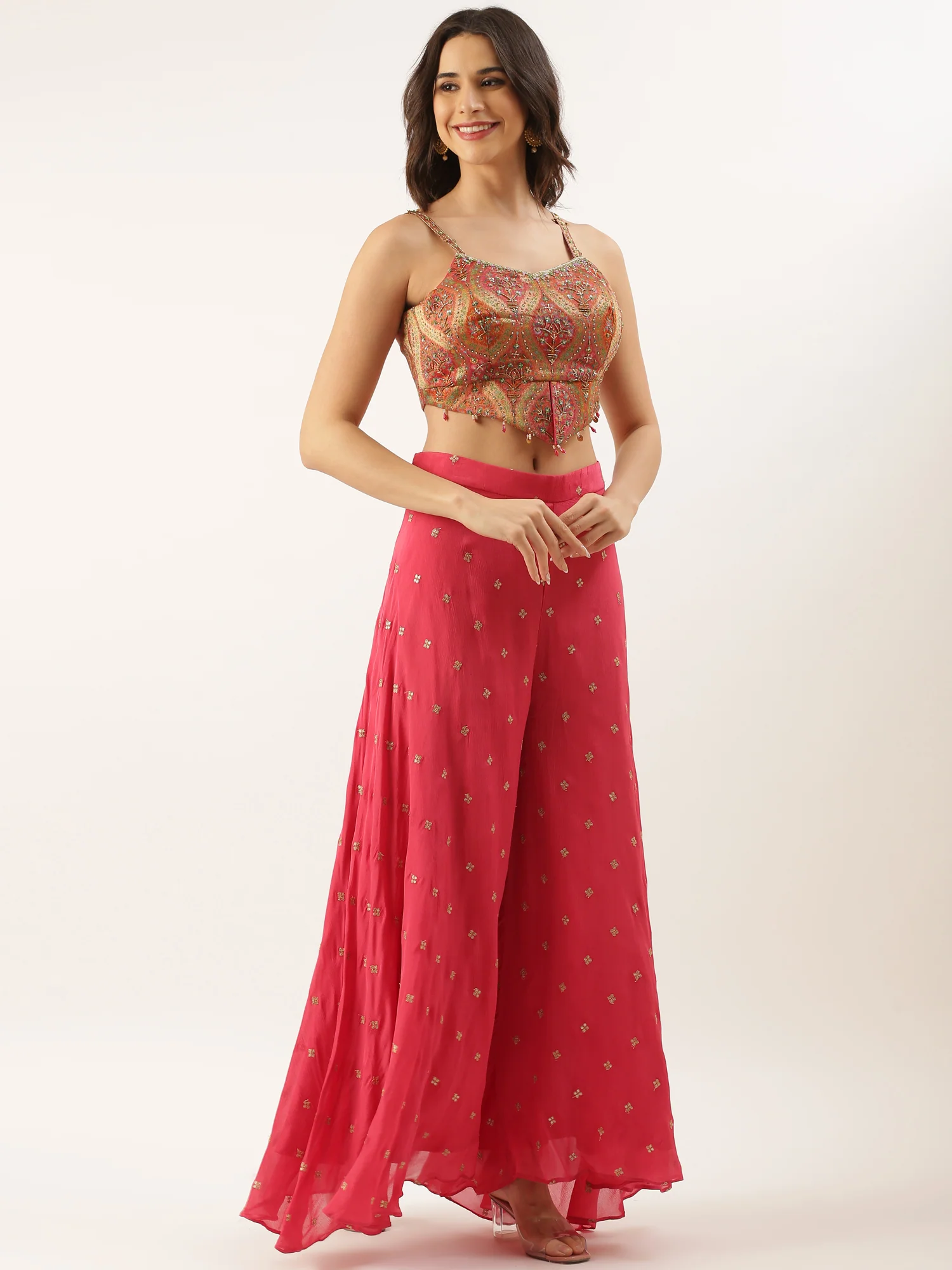 Pink Chinon Crop Top Palazzo Set - Image 2
