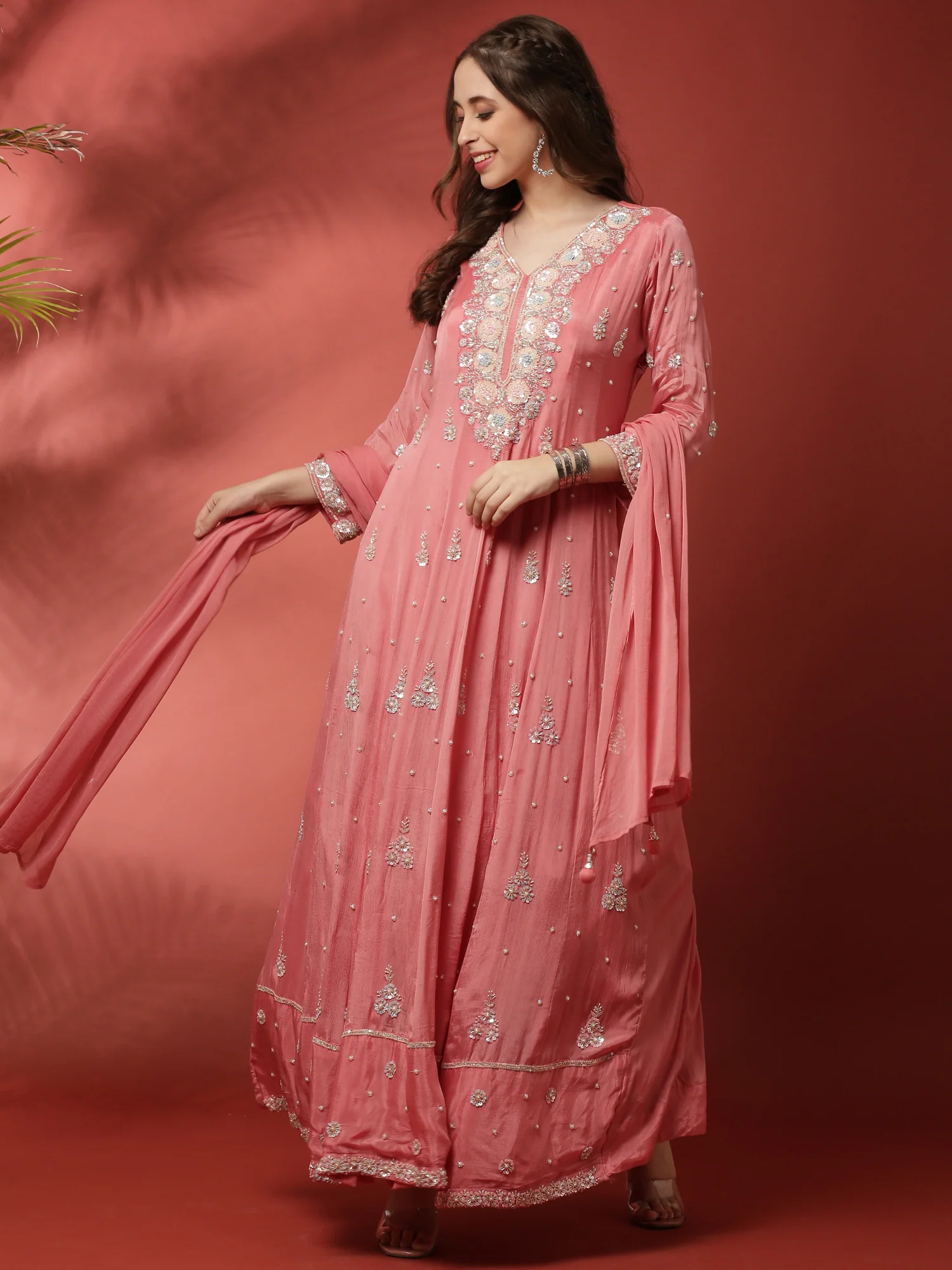 Pink Chinon Fabric Shoulder Long Kali Suit With Sequins Work - Image 5