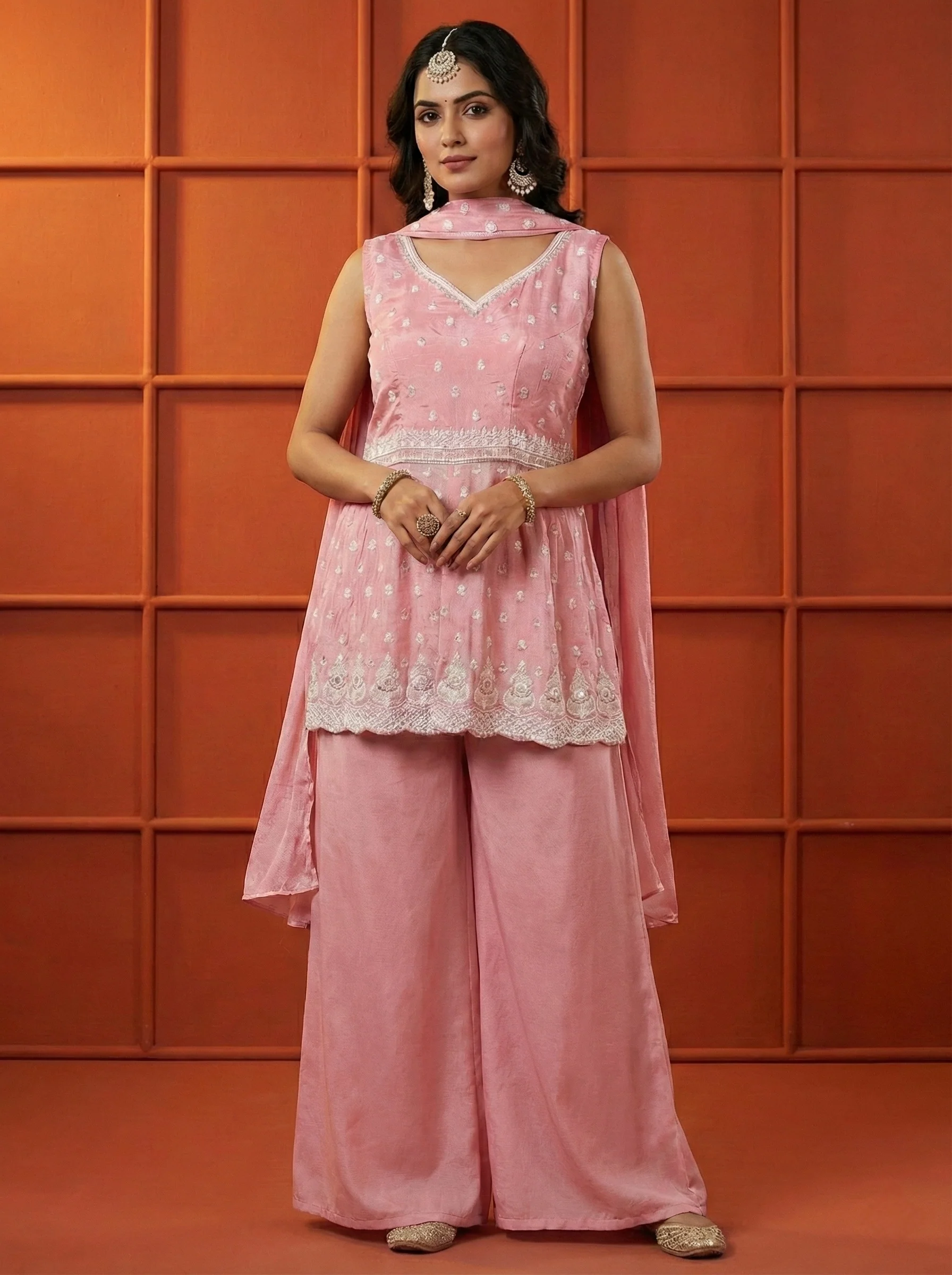 Pink Chinon Thread Embroidery Three Piece Set