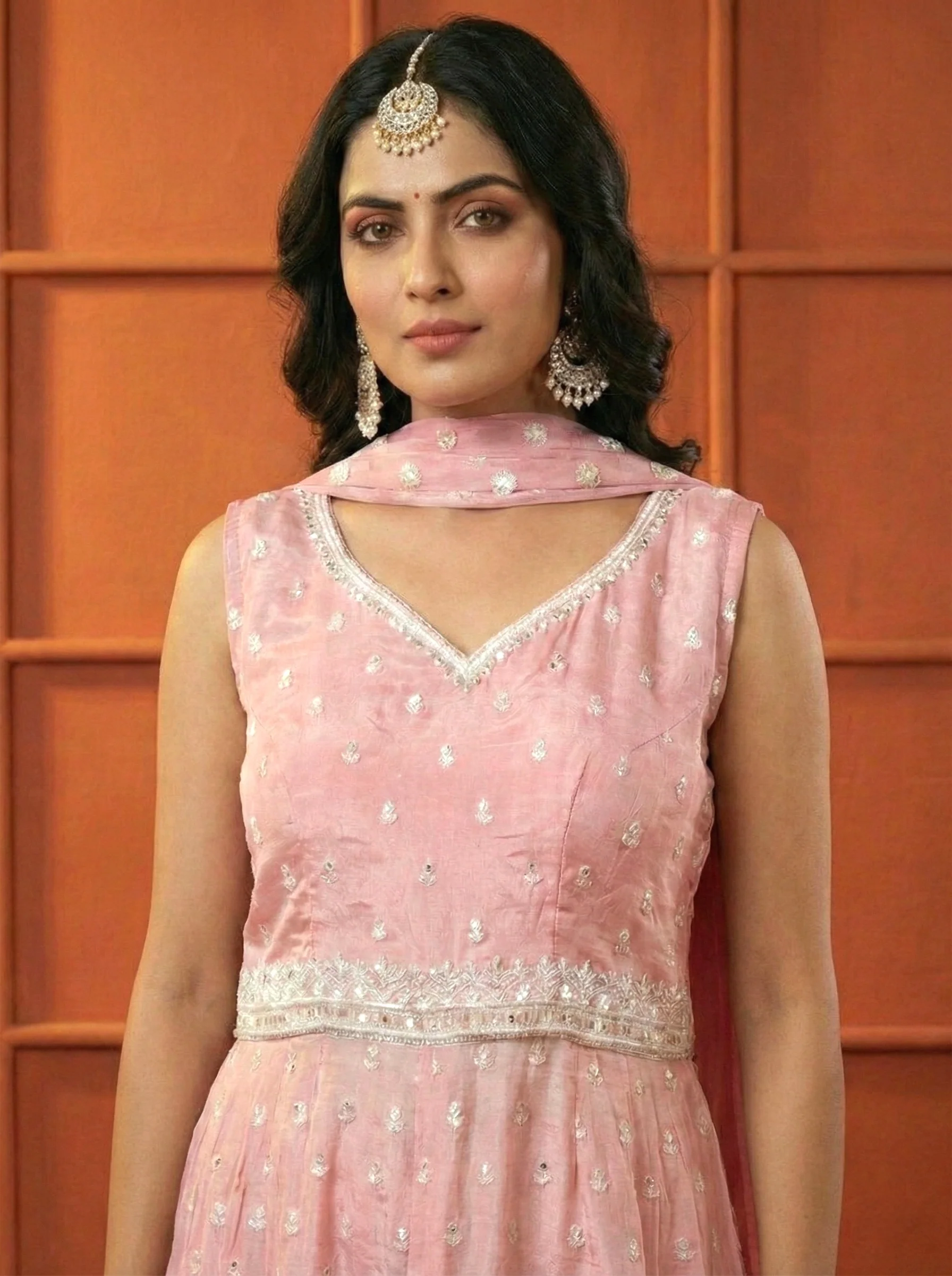 Pink Chinon Thread Embroidery Three Piece Set - Image 5