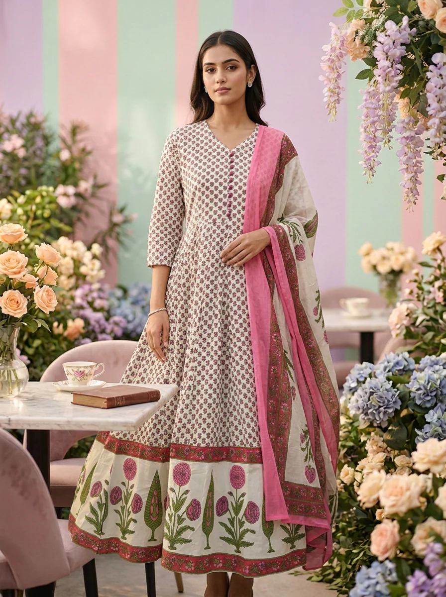 Pink Cotton Floral Digital Printed Three Piece Set